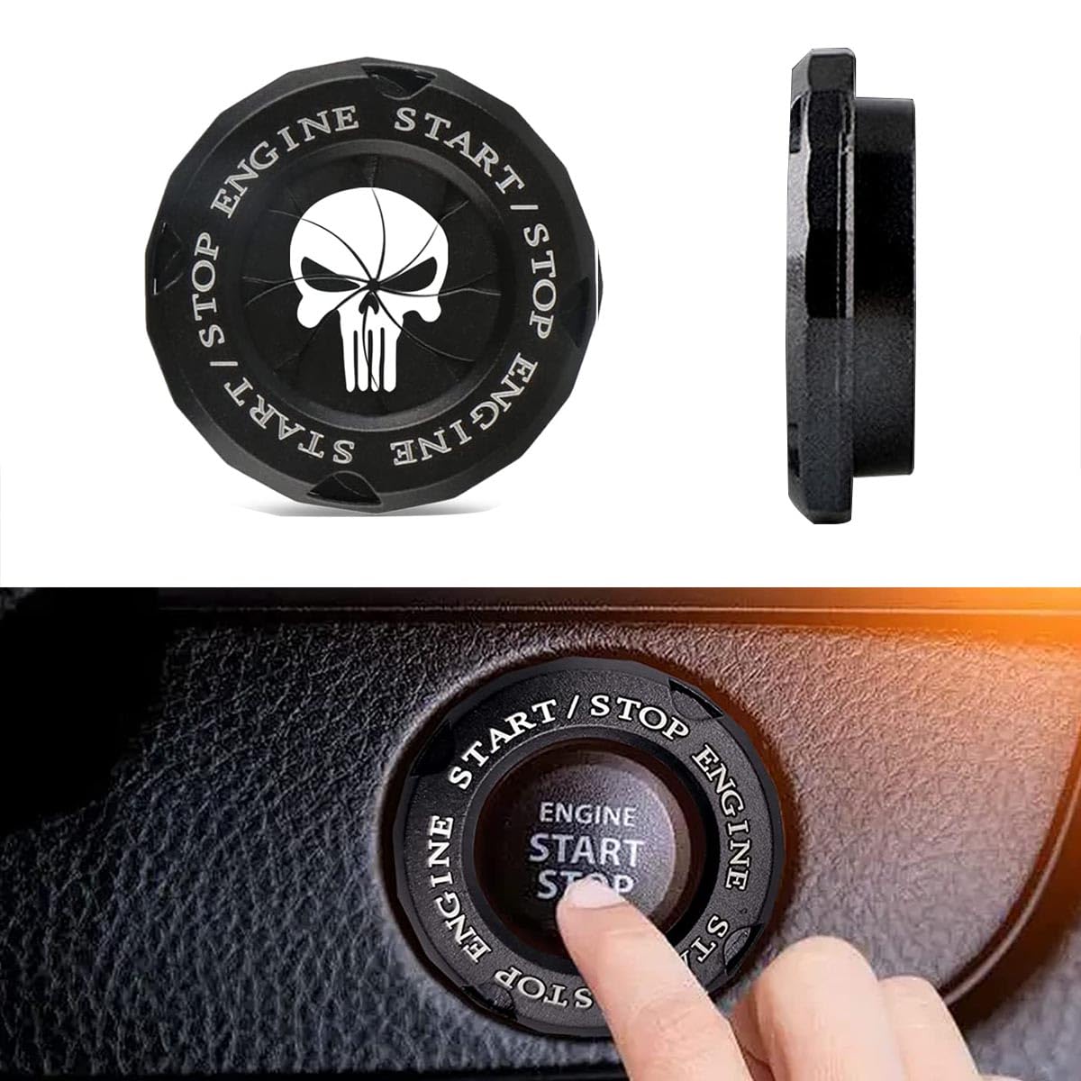 gunhunt1 PC Car Push Start Button Cover, Spin Ignition Protective Cover, Metal Car Engine Push to Start Button Cover, Car Stickers Interior Decor (Skull Black)