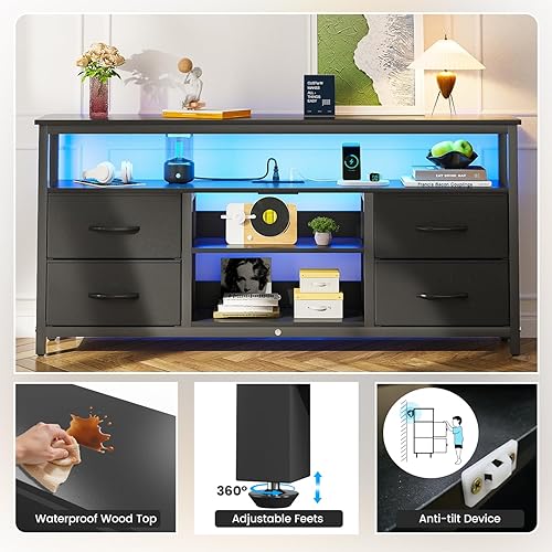 Miniatura 8 de Haewon Soporte de TV para televisores de hasta 65 pulgadas, centro de entretenimiento con luces LED y estación de carga, mesa consola multimedia de