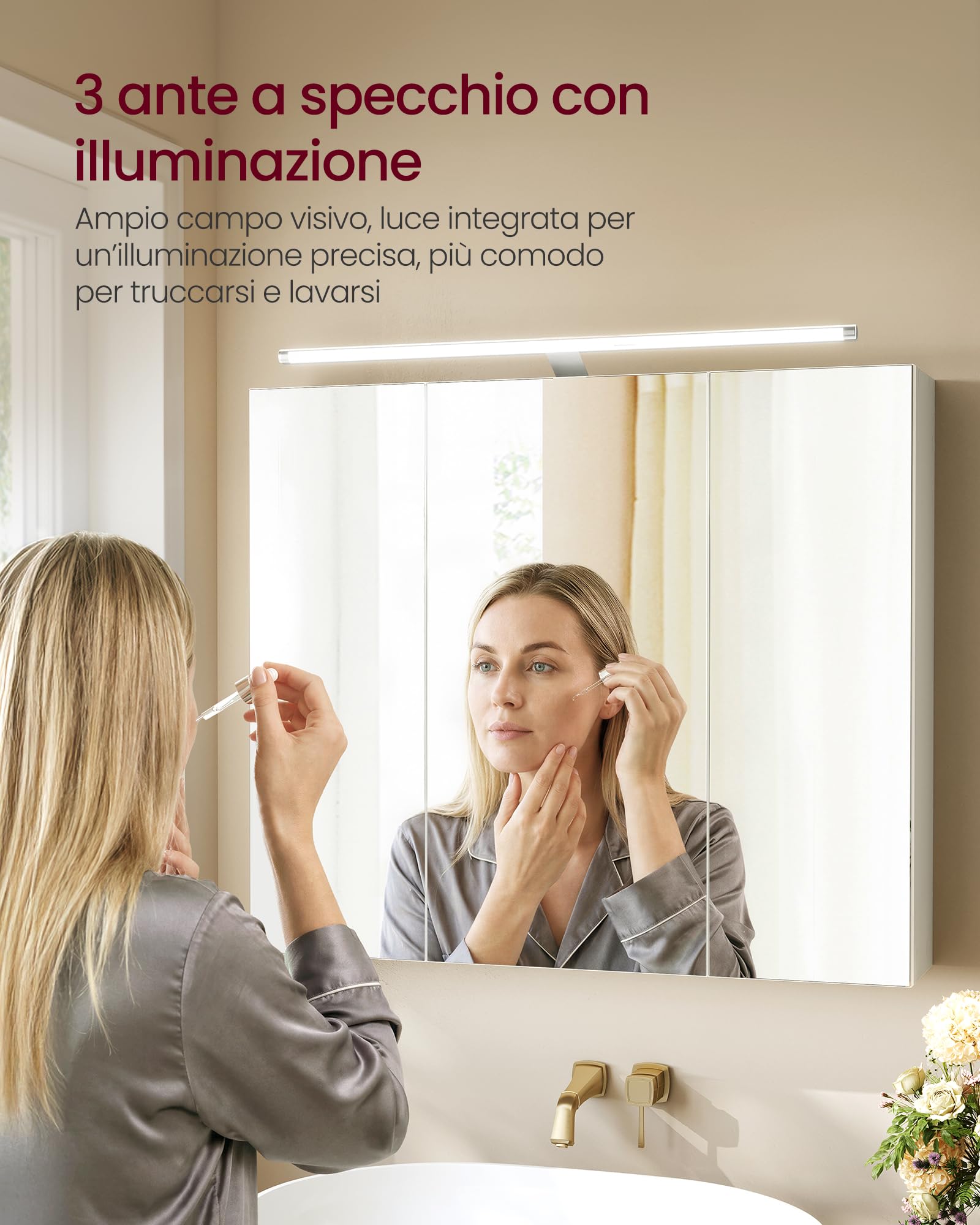 VASAGLE KAILYN Collezione - Armadietto da Bagno Sospeso con 3 Ante a Specchio e Illuminazione, Ripiani Regolabili, Stile Moderno, 15 x 70 x 60 cm, Bianco Nuvola BBK139WB01