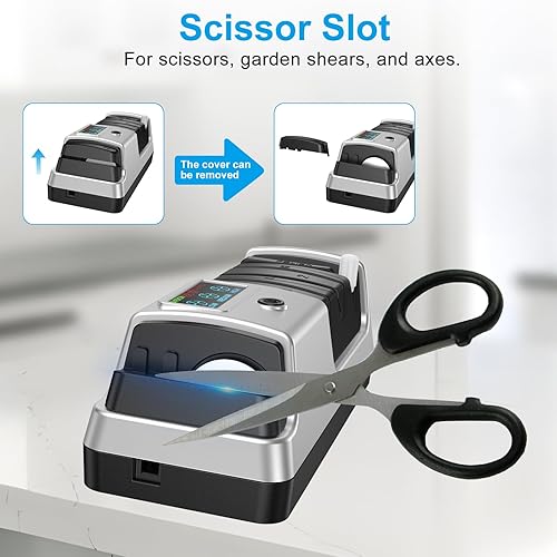 Miniatura 7 de Afilador de cuchillos eléctrico 5 en 1, profesional de 3 etapas con pantalla LCD, 100% abrasivos de diamante, 3 velocidades de rotación ajustables,