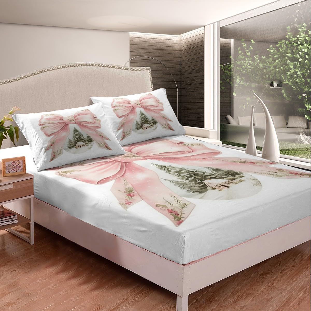 Erosebridal Preppy Christmas Fitted Sheet, Pink Bow Christmas Tree Decorations Bedding Set Pink Christmas Butterfly Knot Bed Sheets, Xmas Winter Theme Sheets with 2 Pillow Cases, Queen