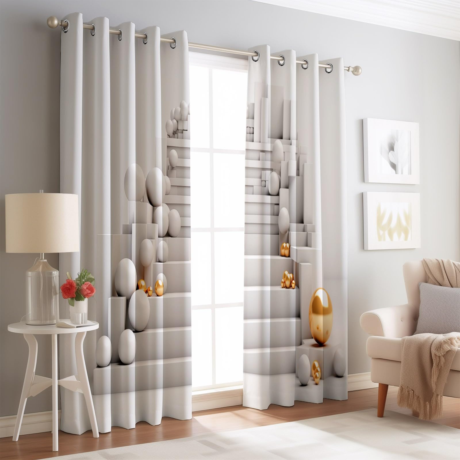 Rideaux à Oeillets 70L X 240H cm (2 Panneaux), Imprimé Sphères Géométriques Modernes, Isolant Opaque pour Porte-Fenêtre et Balcon, Blanc