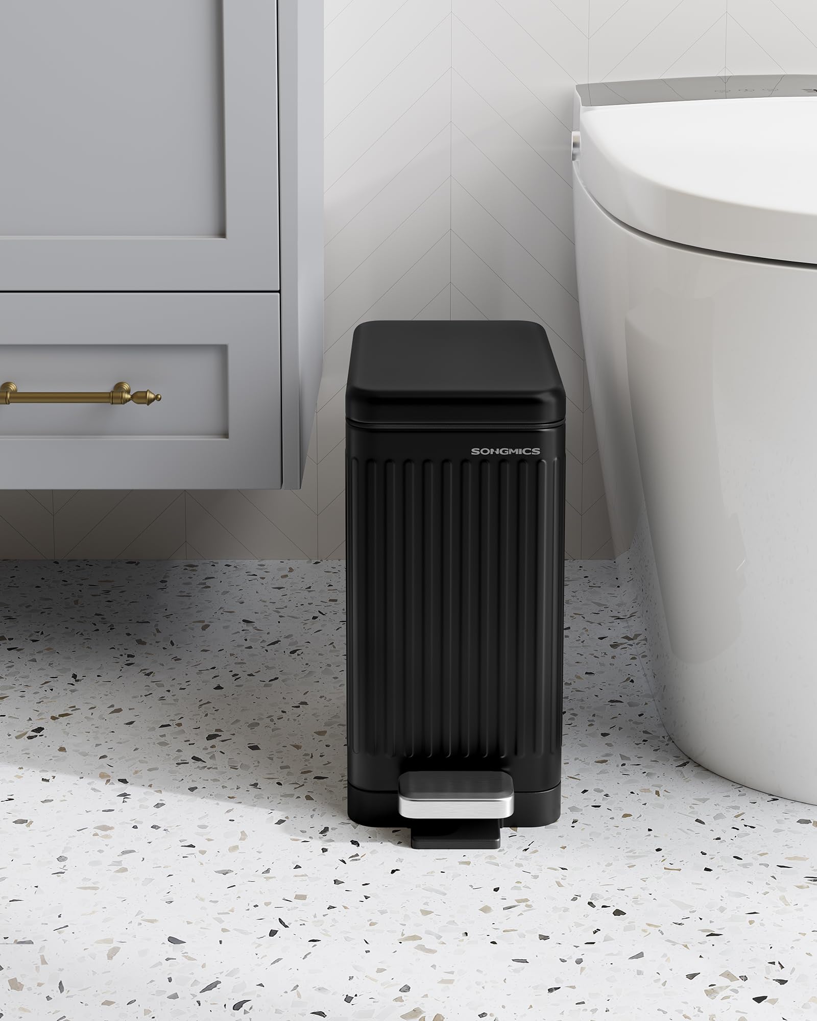 SONGMICS LTB562B01 - Pattumiera da bagno, con coperchio, pattumiera a pedale, piccolo, sottile per piccoli spazi, acciaio, chiusura morbida, colore nero