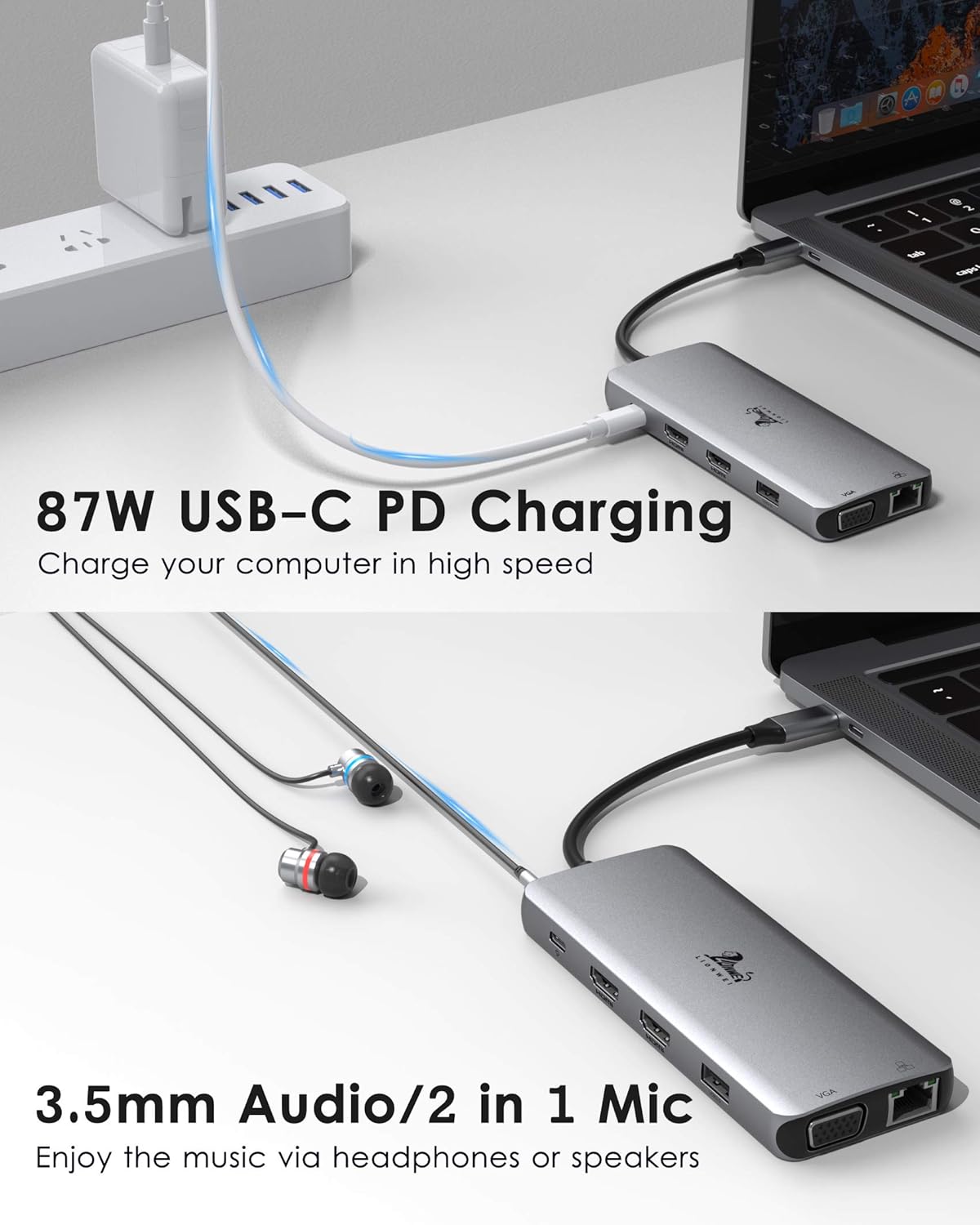 USB C Docking Station Dual Monitor, 12-in-1 Triple Display USB C Adapter for Windows with Dual 4K HDMI, VGA, Gigabit Ethernet, 2 USB 3.0, 2 USB 2.0, 87W PD, SD/TF Card Reader, AUX, for Type-C Laptops : Electronics