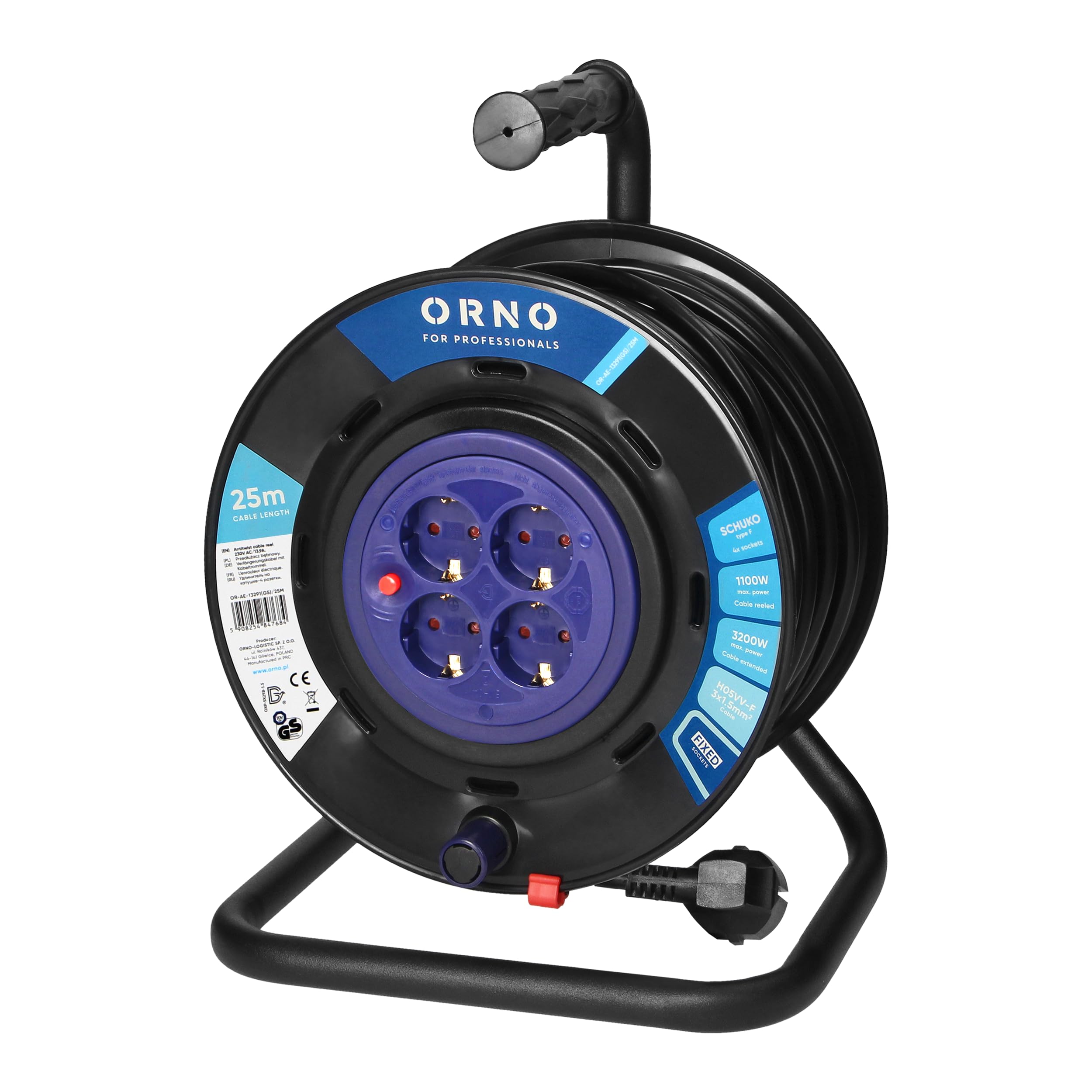 Tambor Alargador Enchufe | Enrollador de Cable con 4 Tomas Schuko 2P+T | Cable PVC H05VV-F 3G1,5mm² | Disyuntor Térmico y Cortacircuitos | IP20 Interior (25 metros)