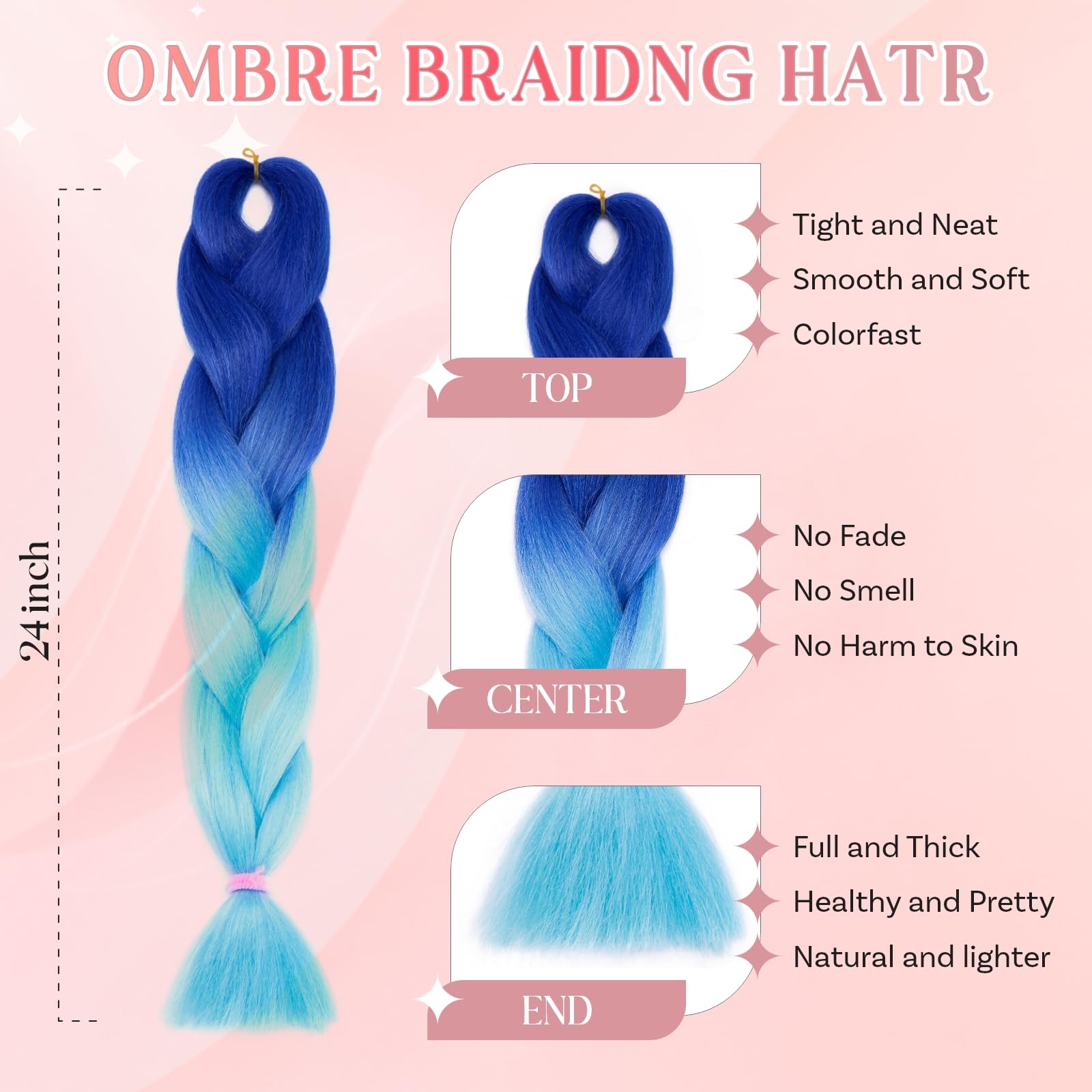 SEGO Pro Braiding Hair Extensions 24 Inch Yaki Synthetic Jumbo Box Braid Hair for Crochet Twist Braids for Women Pack of 3 (Dark Blue to Light Blue) - Image 2