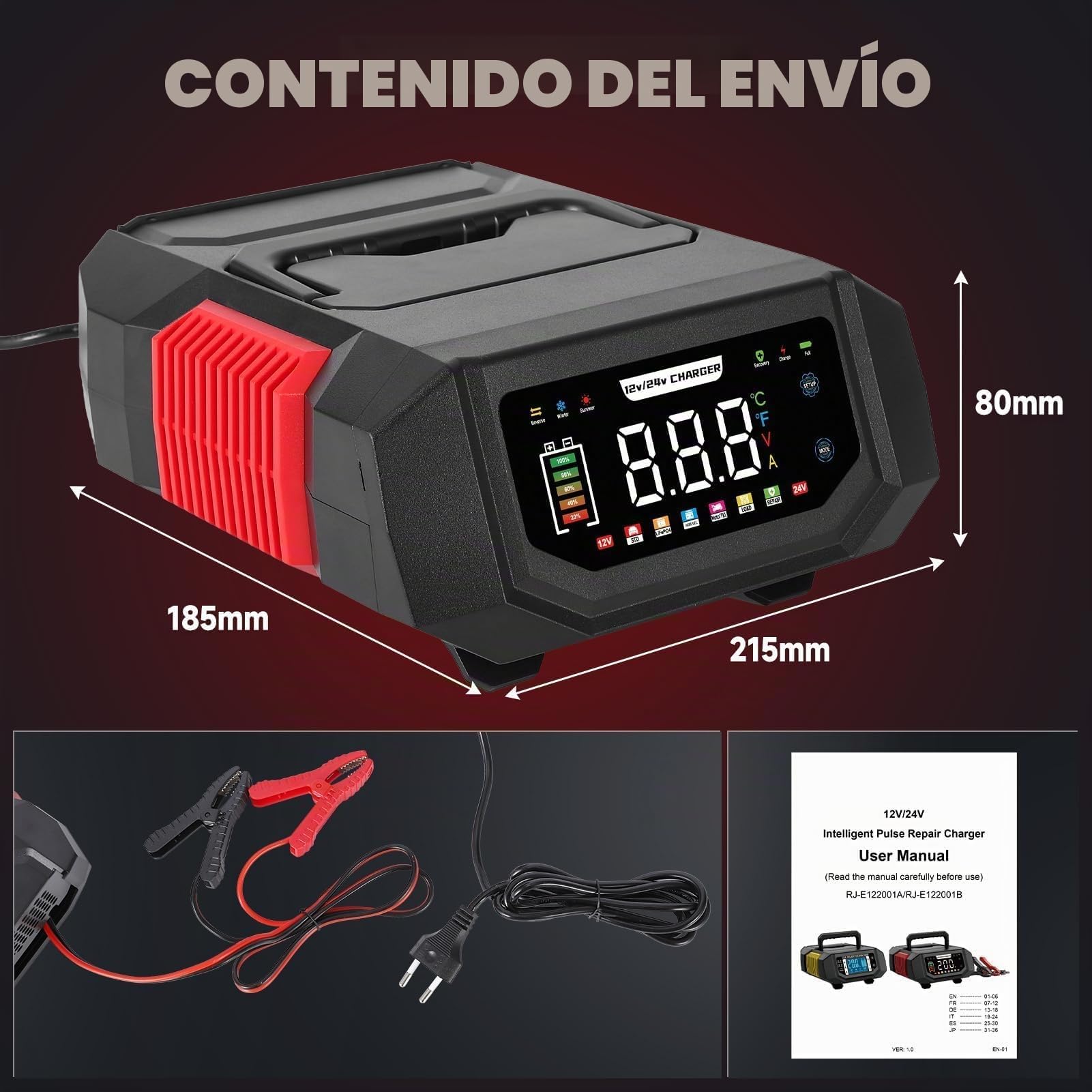 Cargador de batería de coche 12V/24V, HAUSPROFI 20A Cargador de batería inteligente para vehículos con corriente ajustable, carga de 9 etapas y modo de reparación para coche, moto, camiones