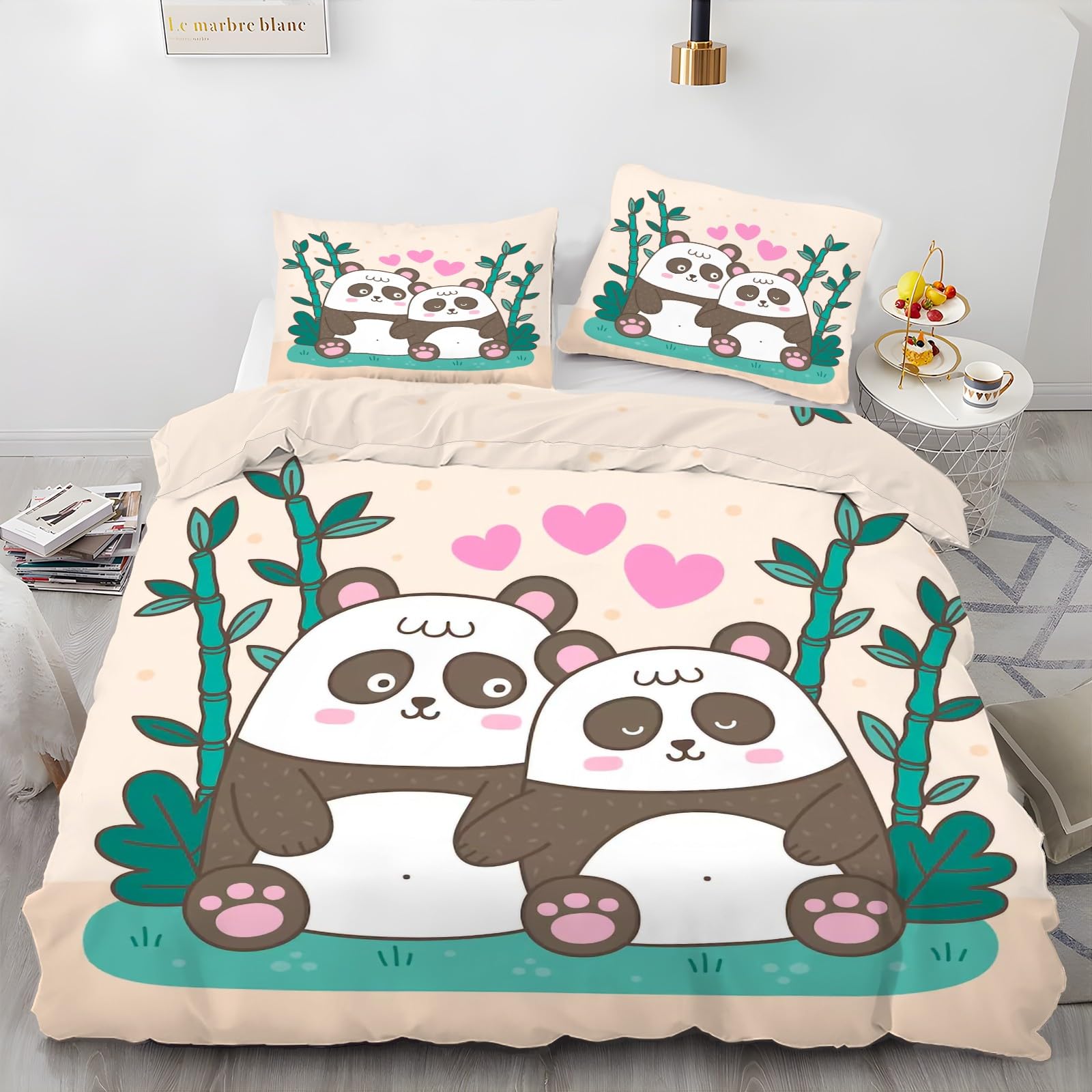 3-częściowy komplet pościeli 155 x 220 cm, wzór panda, poszewka na kołdrę dla dzieci, z mikrofibry, puszysta, miękka poszwa na kołdrę i 2 poszewki na poduszkę 80 x 80 cm, z zamkiem