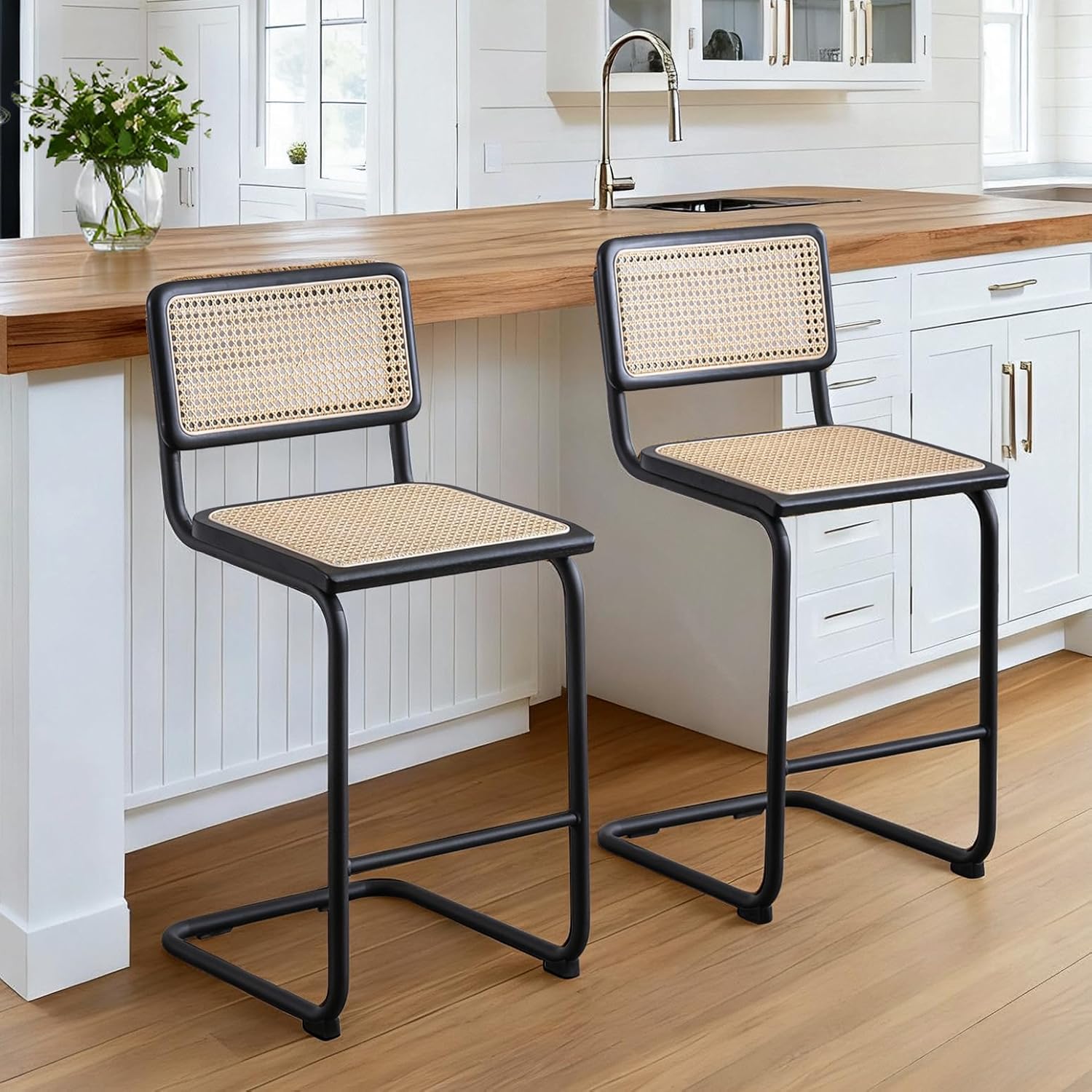 JIRAIN Natural Rattan Bar Stools Set of 2