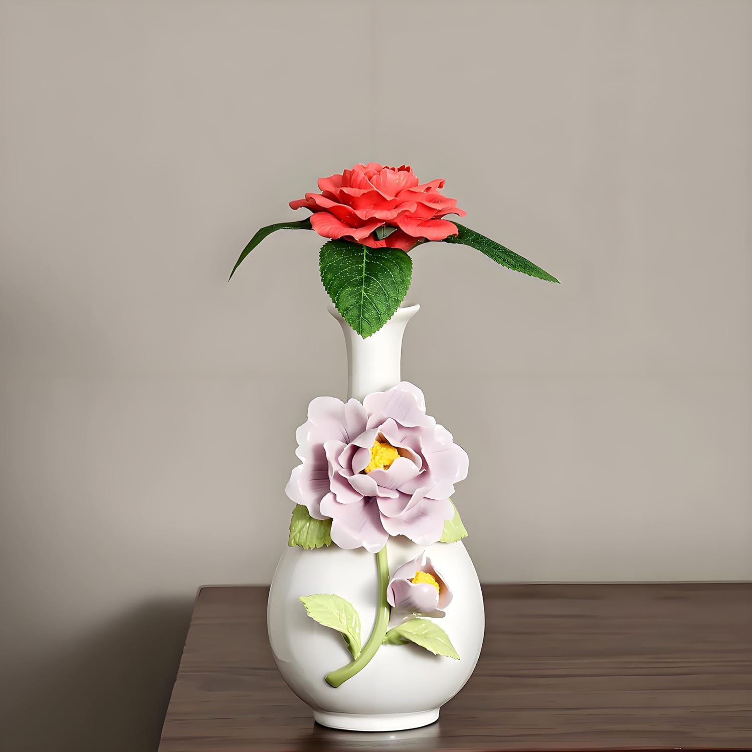 Handmade Pinched Flowers Ceramic Vase with One Ceramic Rose Flower, Home Decor Ceramic Vase for Dining Table, Living Room, Kitchen, Bedroom, Shelf, Office, Coffee Table, Restaurant & Fireplace Mantel