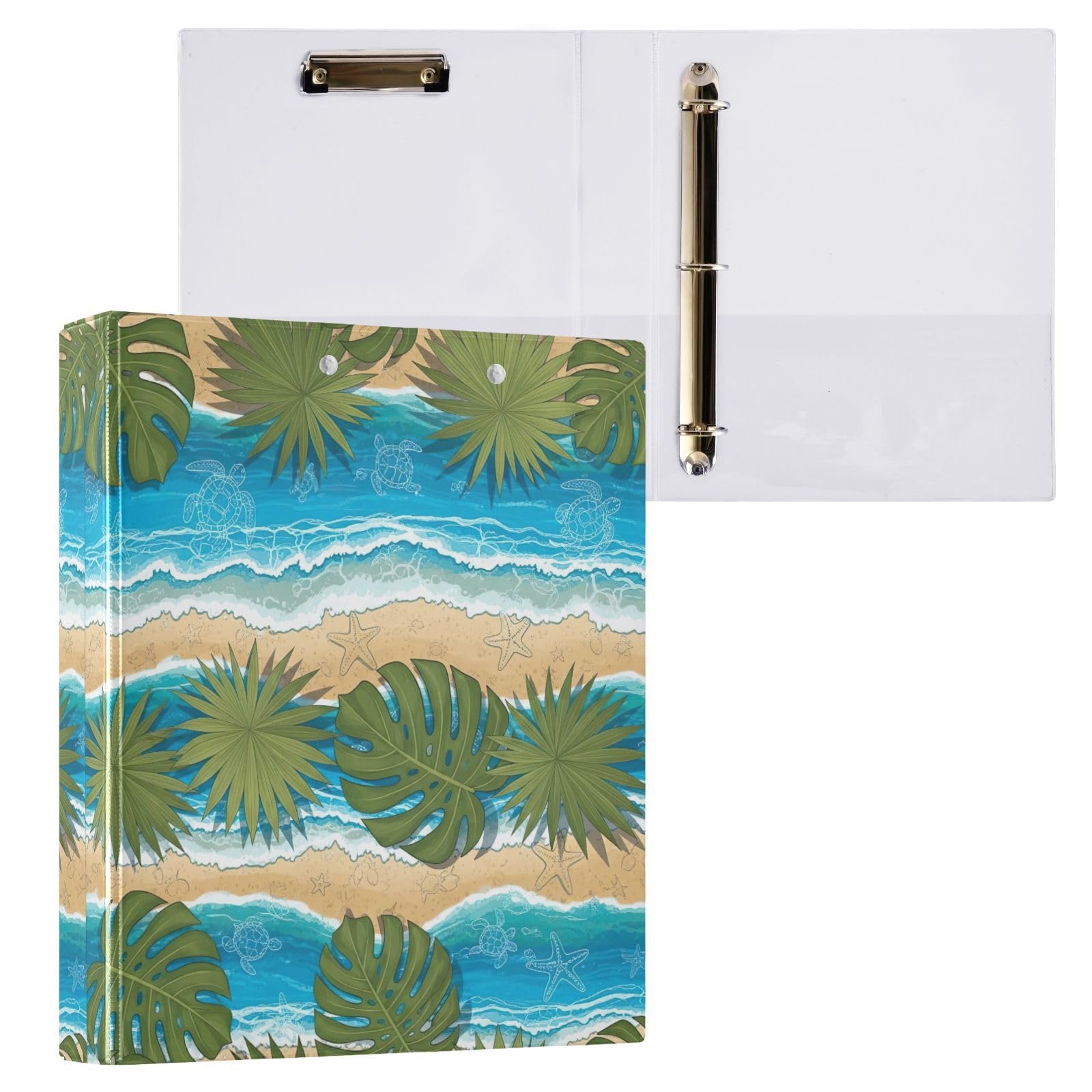 Raccoglitore a 3 anelli con foglie di palma tropicale, blu oceano, con portablocco, confezione da 2