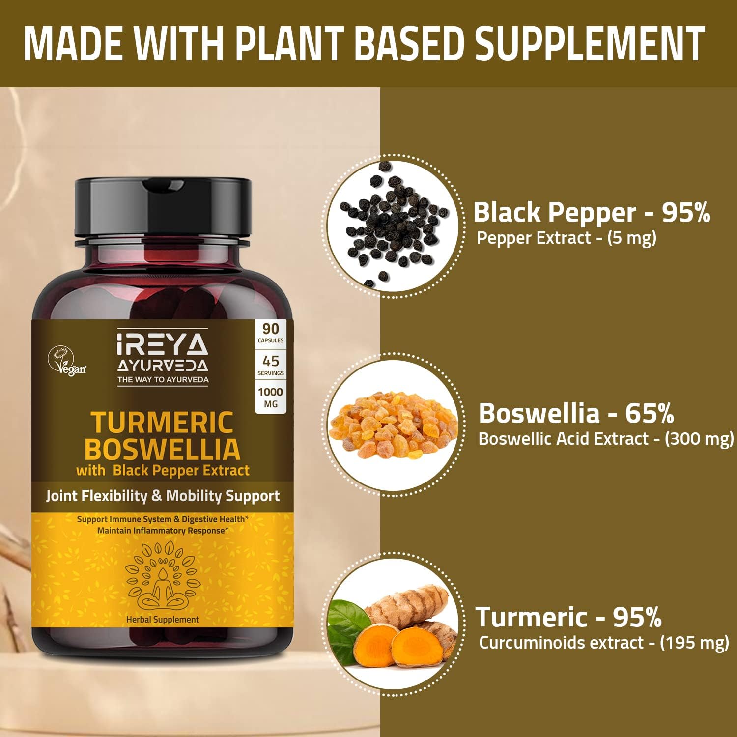 Boswellia Extract Capsules (90 Capsules) 1000 mg - Boswellia Serrata with 95% Black Pepper Extract and Curcuminoids Extract and 65% Boswellia Extract (Pack of 2)