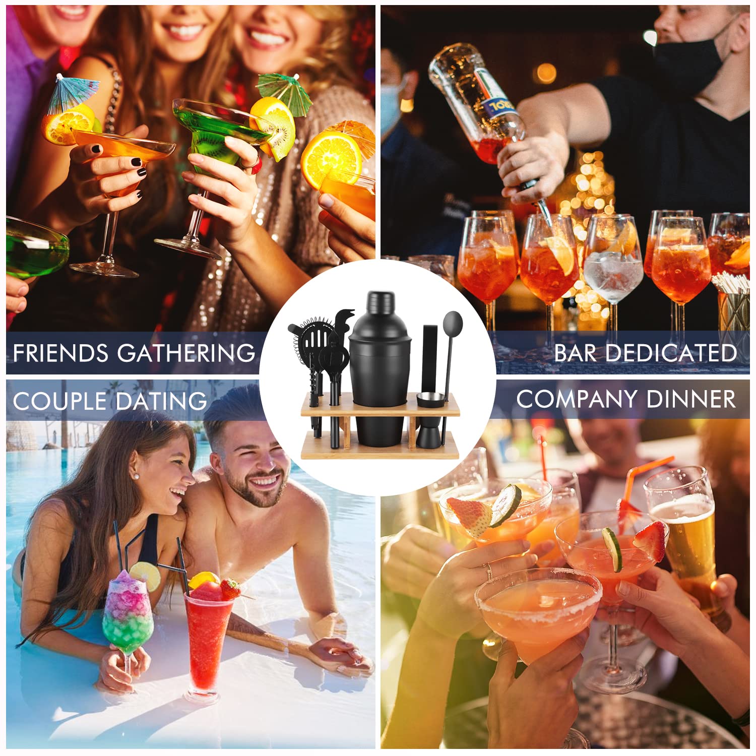 JNWINOG Juego de 9 cocteleras de coctelera kit de bartending bar cóctel bar set cóctel mezcla bebida kit profesional bar y hogar beber bar herramientas para camarero (negro mate)