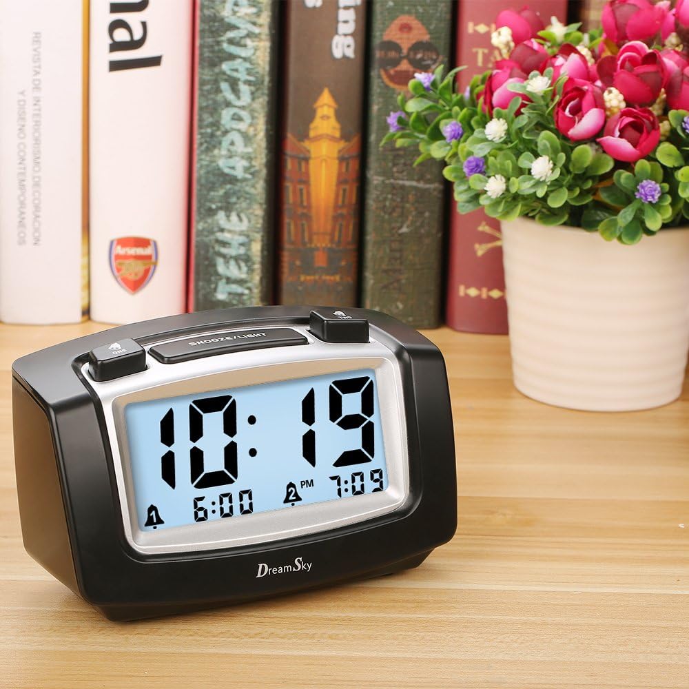 DreamSky Dual Alarm Clock with Smart Adjustable Nightlight, Snooze, Large LCD Display, Portable Battery Operated, Ascending Alarms Sound, Simple Operate Clocks for Bedroom and Kids