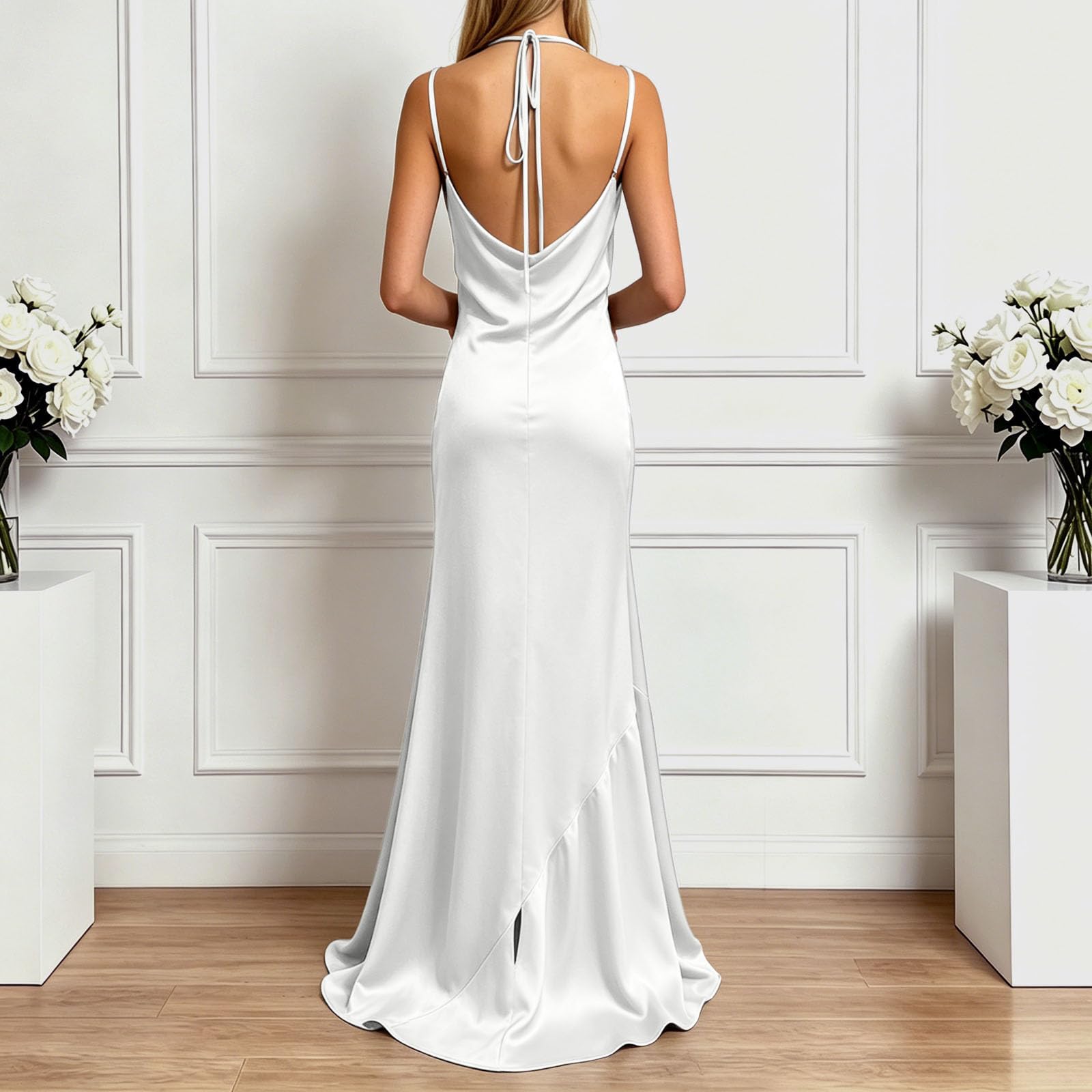 Robe de Cérémonie Femme Longue Satin Col V Robe Cocktail Taille Haute Ajustee Fendue Dos DX Confortable Gala Fete Anniversaire Demoiselle d Honneur
