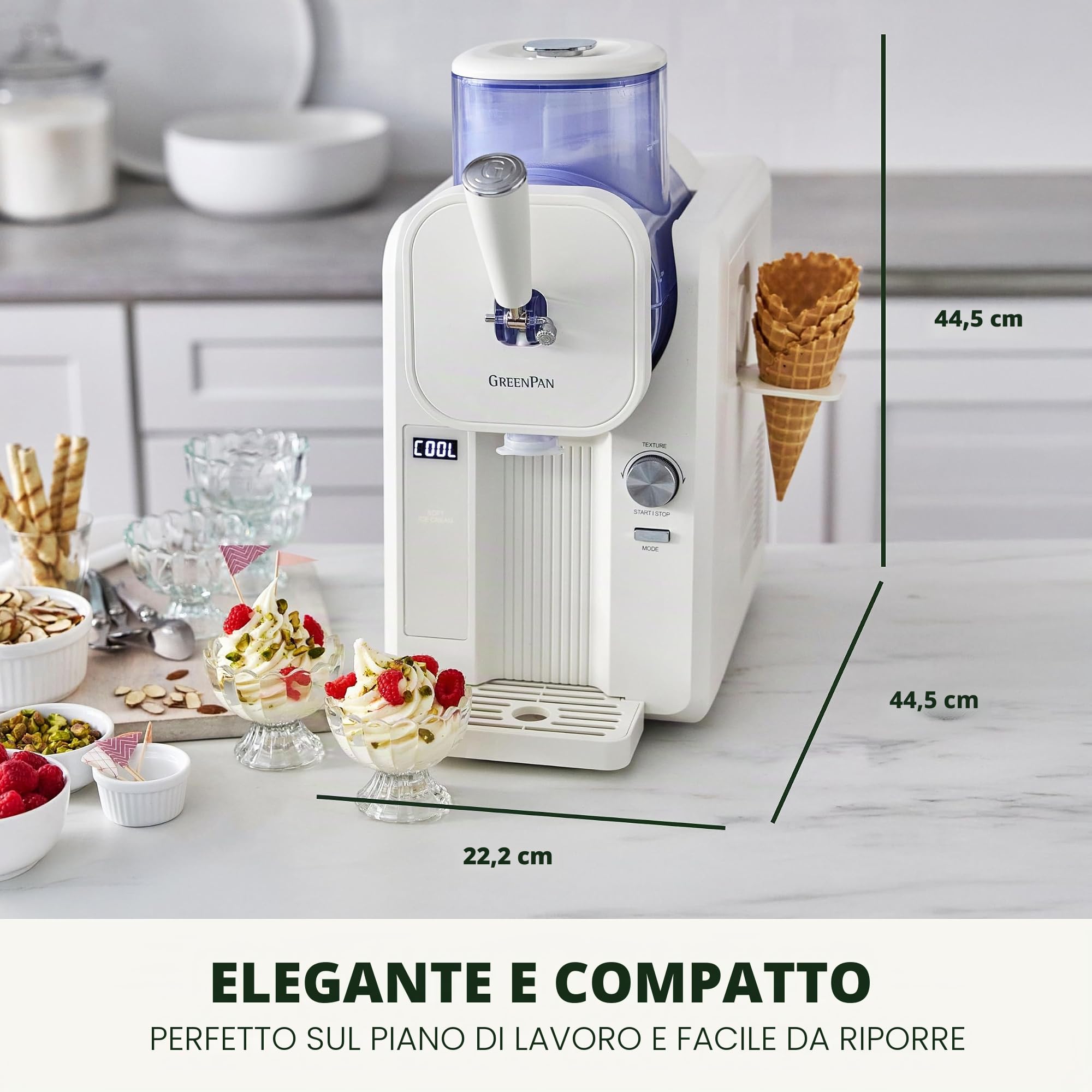 GreenPan Frost Gelatiera e Macchina per Slush 15-in-1, Ceramica Antiaderente Senza PFAS, Gelato, Sorbetto e Frozen Yogurt, Pronta in 15 Minuti, Senza Precongelamento, Bianco