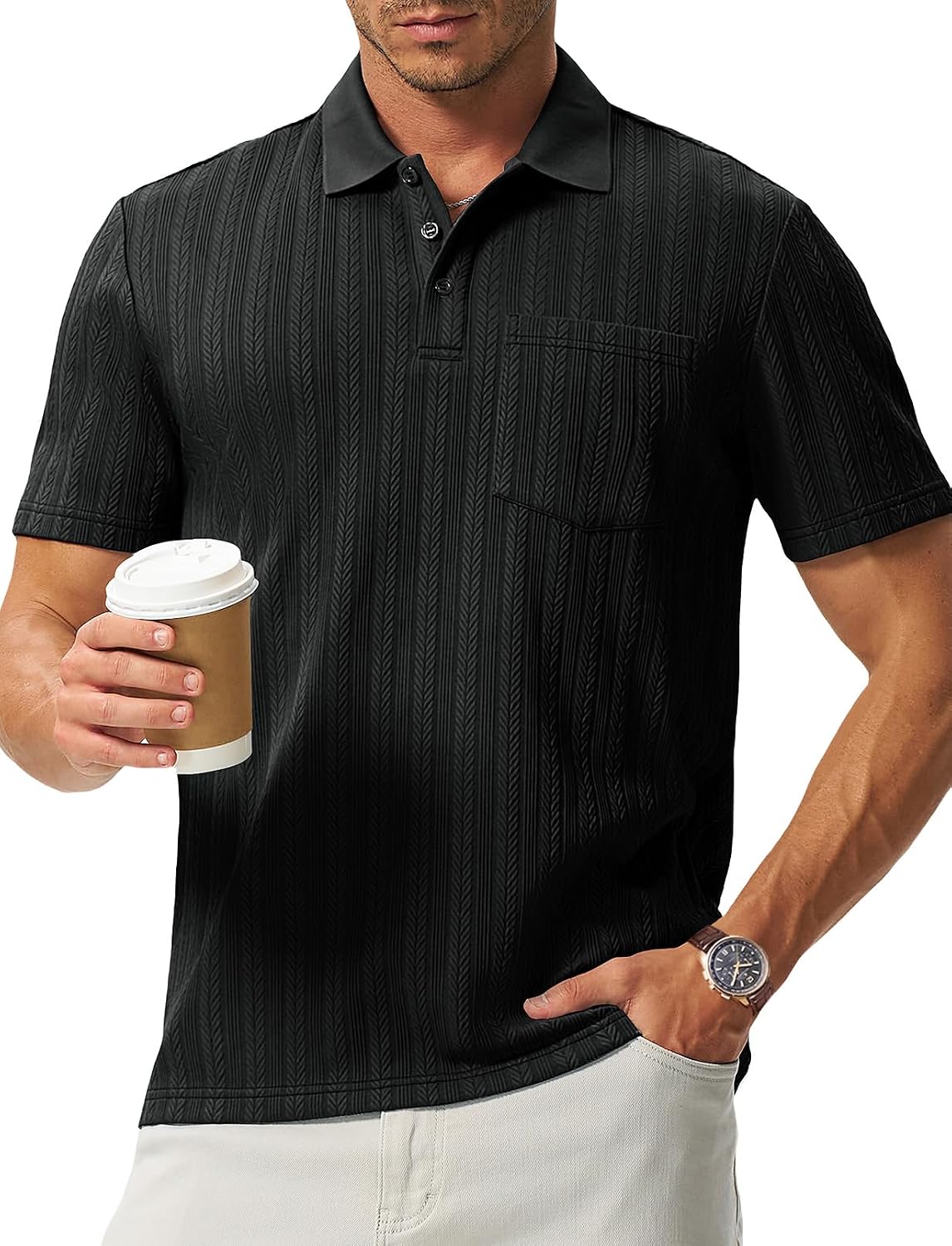 TBMPOY Mens Casual Knit Polo with Pocket Textured Shirts Short Sleeve Classic Summer Vacation