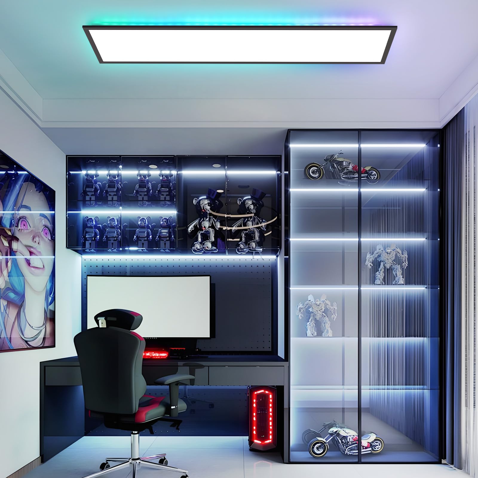 CBJKTX LED Panel 100x25 regulable - RGB retroiluminado con cambio de color | larga y plana para oficina con mando a distancia grande 24 W negra rectangular Lámpara de techo para sala de juegos y salón