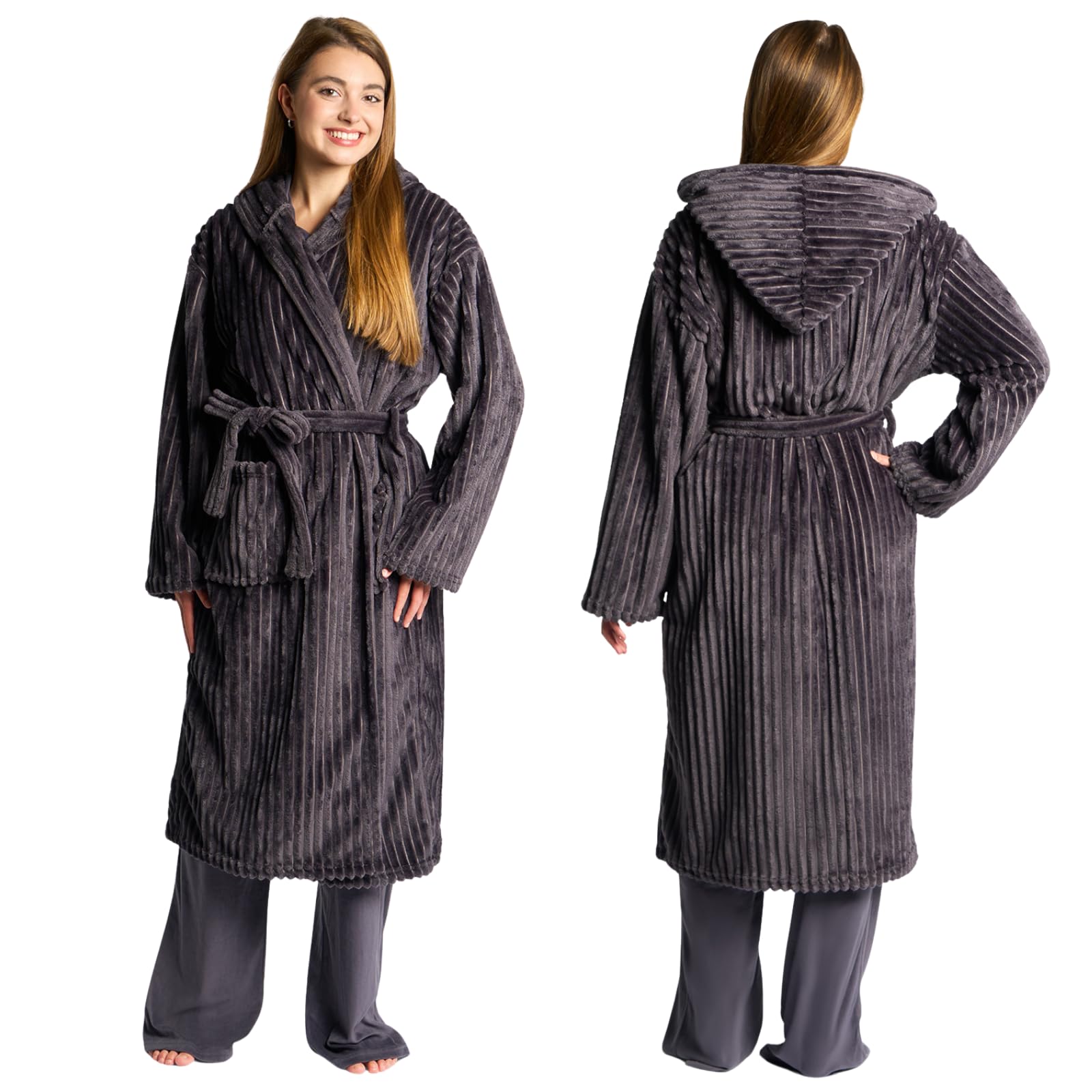 OHS Ribbed Fleece Mens Dressing Gowns, Gifts for Men Women Bathrobe with Hood & Pockets Soft Warm Comfy Luxury Oversized Fluffy Dressing Gown Womens, Charcoal Grey One Size