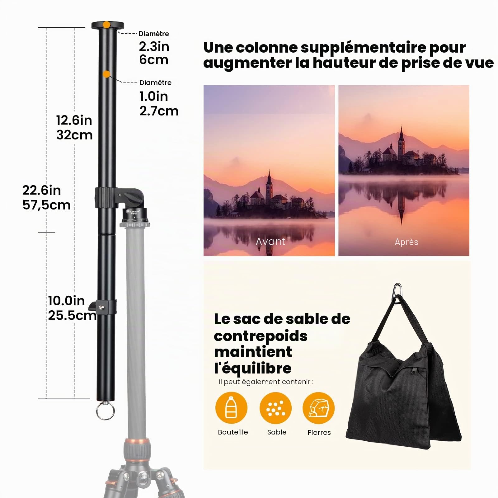 TARION Bras d'extension de trépied Flèche de Colonne Centrale Horizontale Rallonge de 12,6 "Verrou pivotant en Alliage d'aluminium Rotatif à 360 ° avec Sac de Sable à contrepoids