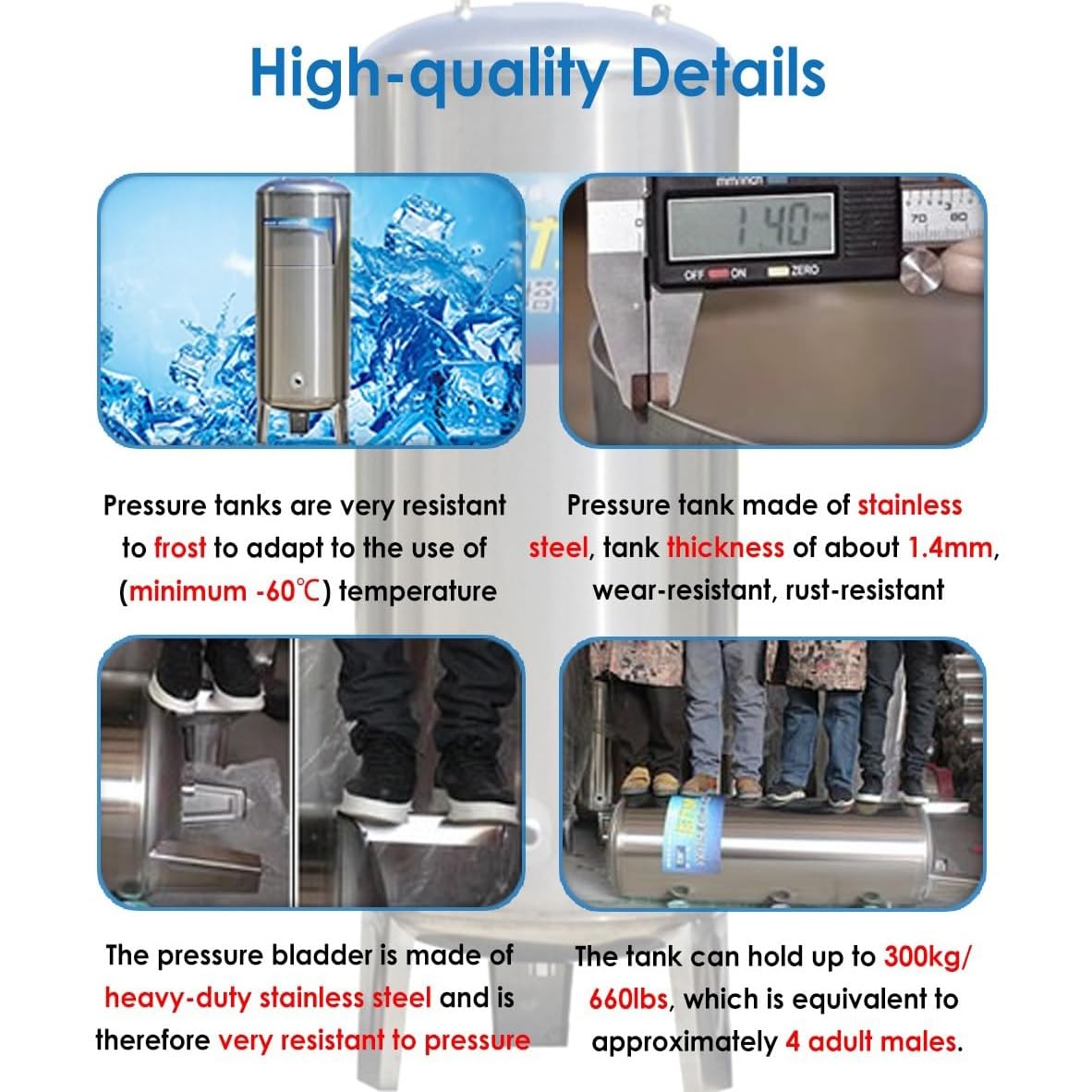 Ausdehnungsgefäß Trinkwasser Wasserdruckbehälter aus Edelstahl 304 – Automatische Wasserförderung – Druckschalter & Manometer – Geschlossener Tank 60L–400L(200L/53Gal)