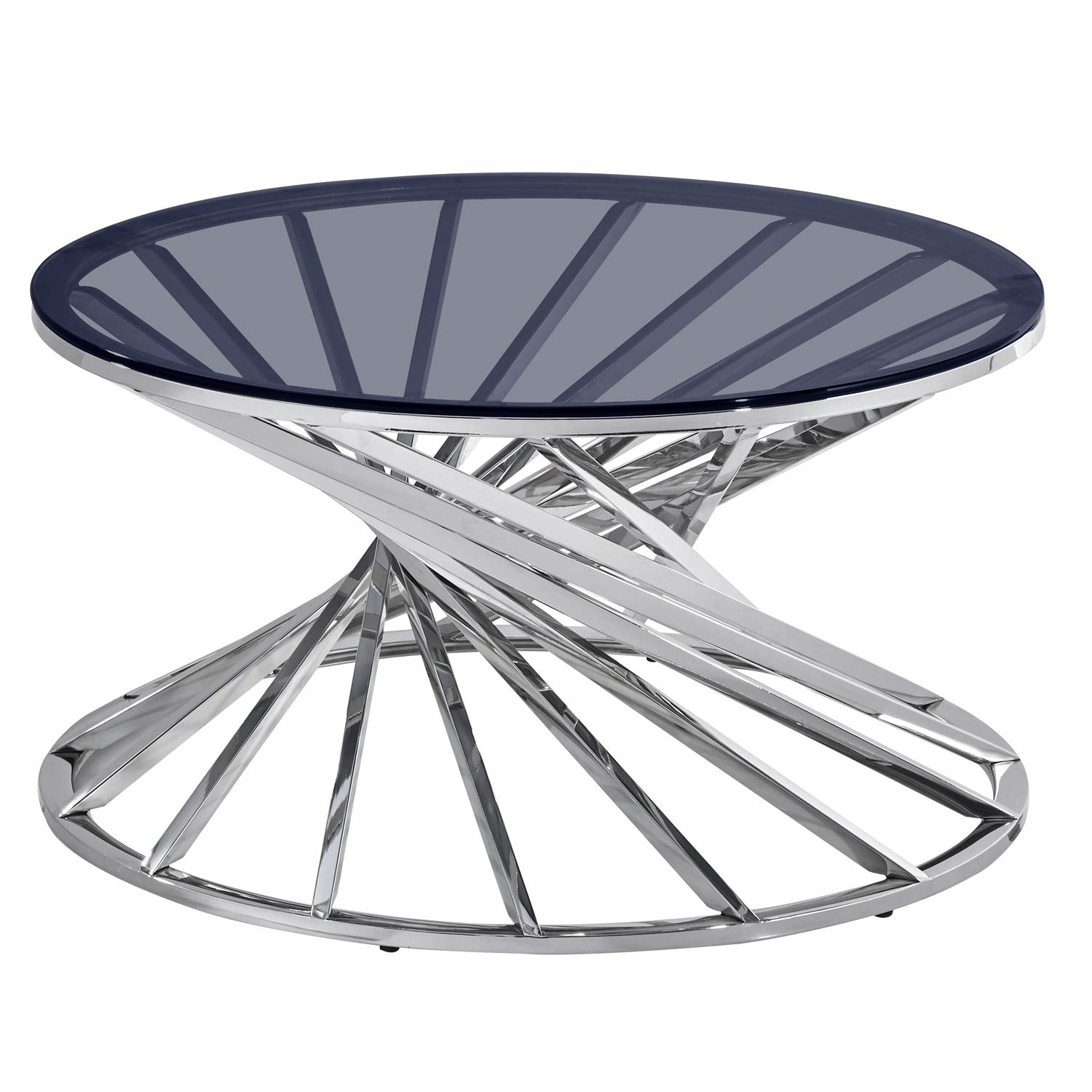 AINPECCA Silver Round Glass Coffee Table for Living Room- Stainless Steel Spiral Frame with Light Grey Tempered Glass- 80CM Modern Sleek Center Table