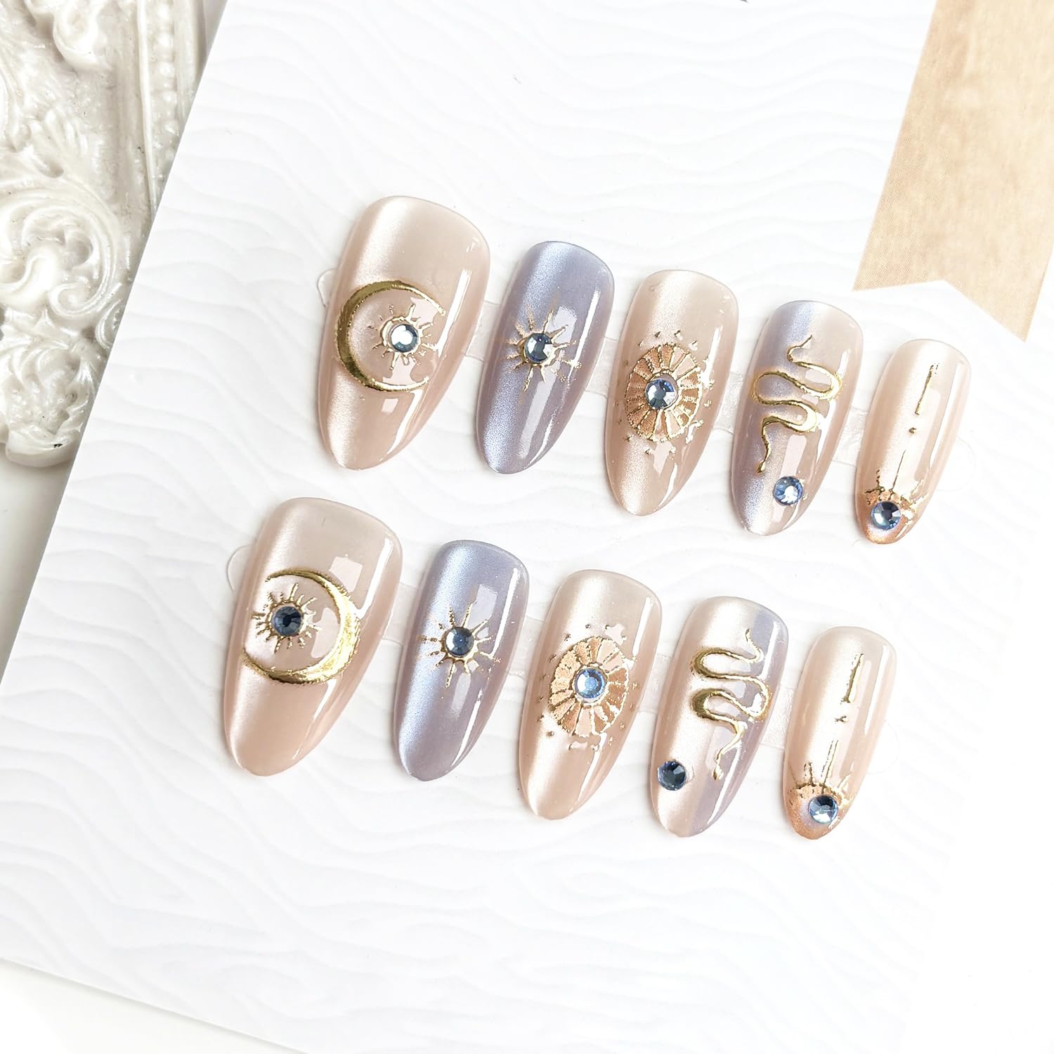 30pcs Purple Press on Nails Short Almond Fake Nails with 3D Snake Star Moon Designs Blue Diamond Glue on Nails Stars False Nails Bohemia Acrylic Nails