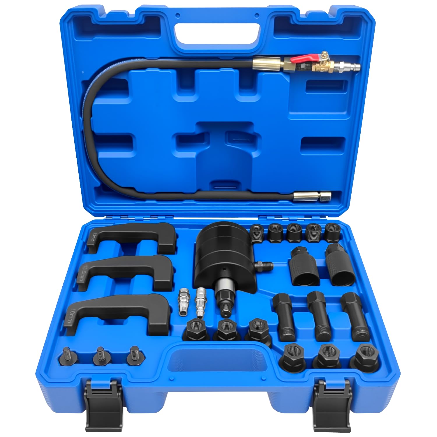 ZKTOOL 24 Pièces Extraction d'Injecteurs Diesel Pneumatique, Démontage d'Injecteurs Diesel à Vibrations Pneumatiques, avec 19 Adaptateurs, Connecteurs US/EU et Poignée Portative