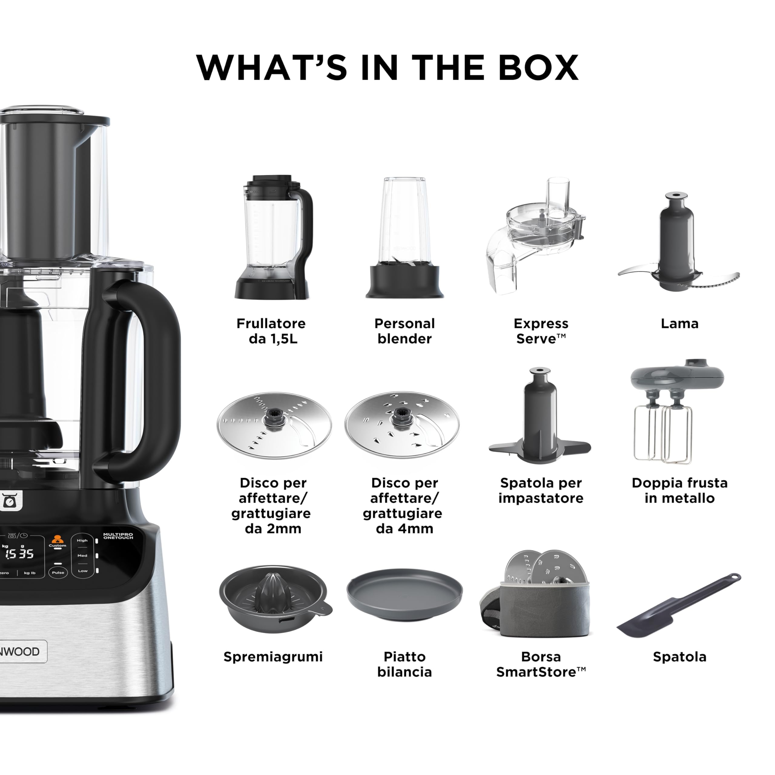 Kenwood MultiPro OneTouch FDM73.850SS, Robot da Cucina Multifunzione con 13 Accessori, Bilancia Integrata, Lavabile in Lavastoviglie, 1000W, Argento
