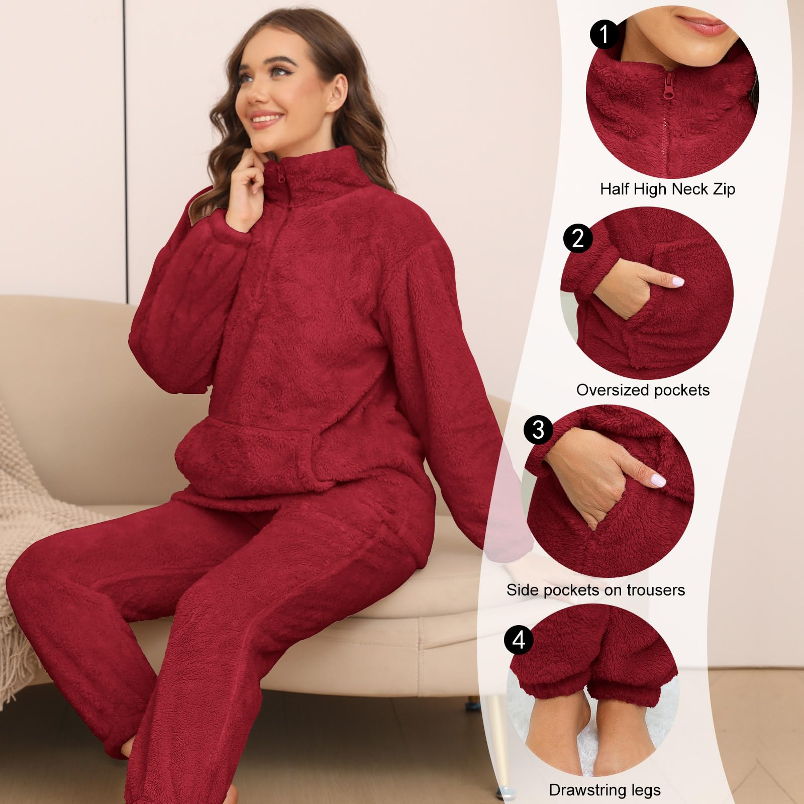 TOMEEK Pigiama da Donna Completo Invernale in Pile Polare Tuta per Il Tempo Libero con Top a Maniche Lunghe e Pantaloni Pigiami Soffici Pigiami da Notte Caldi Pjs per Donna