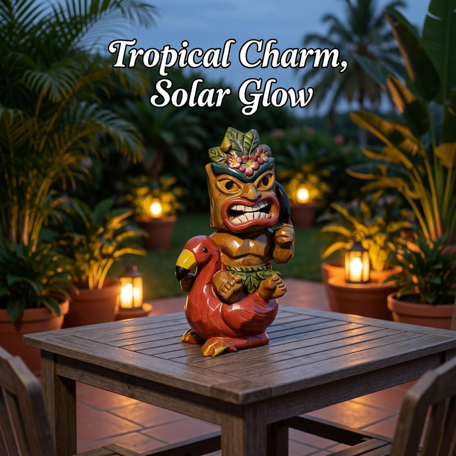 Figura di fenicottero polinesiano a energia solare, decorazione Tiki all'aperto, scultura in resina alta 25 cm, accensione e spegnimento automatico tropicale giardino patio bar ornamento