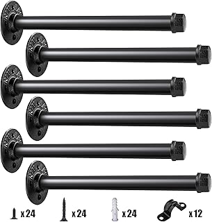 Industrial Black Iron Pipe Floating Shelf Bracket 8 Inch Set of 6, Heavy Duty Wall Mounted DIY Shelving Brackets Hanging Custom Pipe Brackets for Floating Shelves,Coated Finish.Hardware Included