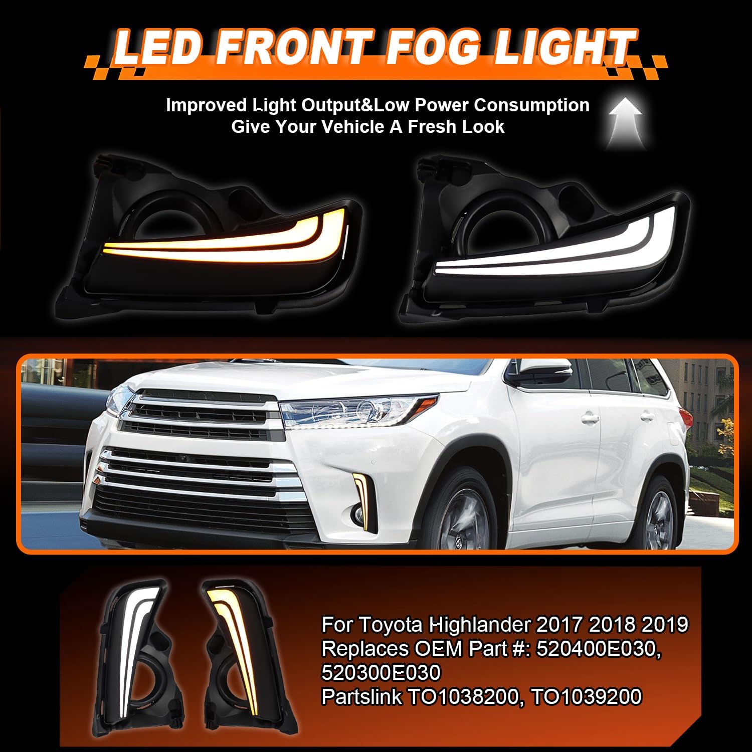 Front Bumper Fog Lights for Toyota Highlander Fog Lamp 2017 2018 2019-2PCS(Passenger+Driver side) Driving Lamp, White DRL Daytime Running Light & Amber Turn Signal Lamp