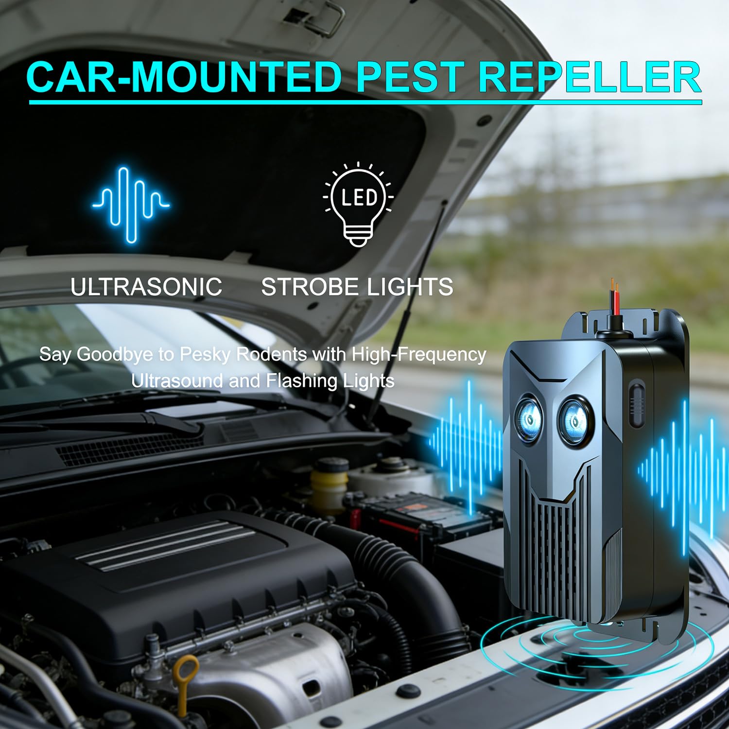 2X Repelente de Ratones para Bajo el Capó, con Flash y Alimentado por Baterías, Repelente Ultrasonico para Motor de Coche, Repulsión Efectiva para Alejar Ratones de Coches, Desváns y Graneros