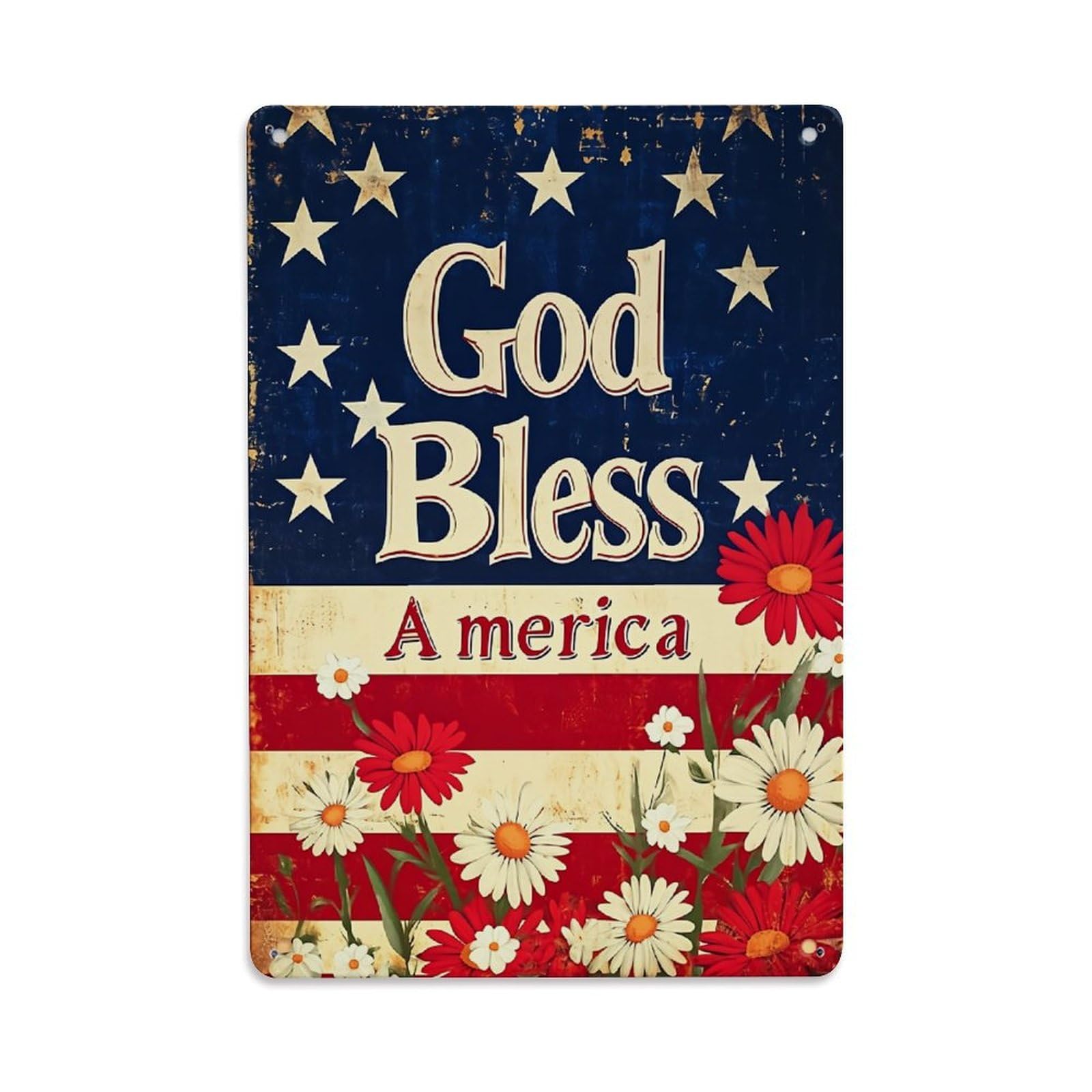 Stars Stripes Flowers Text Flag Retro Metal Tin Sign, Vintage Decor Art Poster for Bar, Home, Man Cave, Kitchen, Laundry Room Gift 8x12Inch