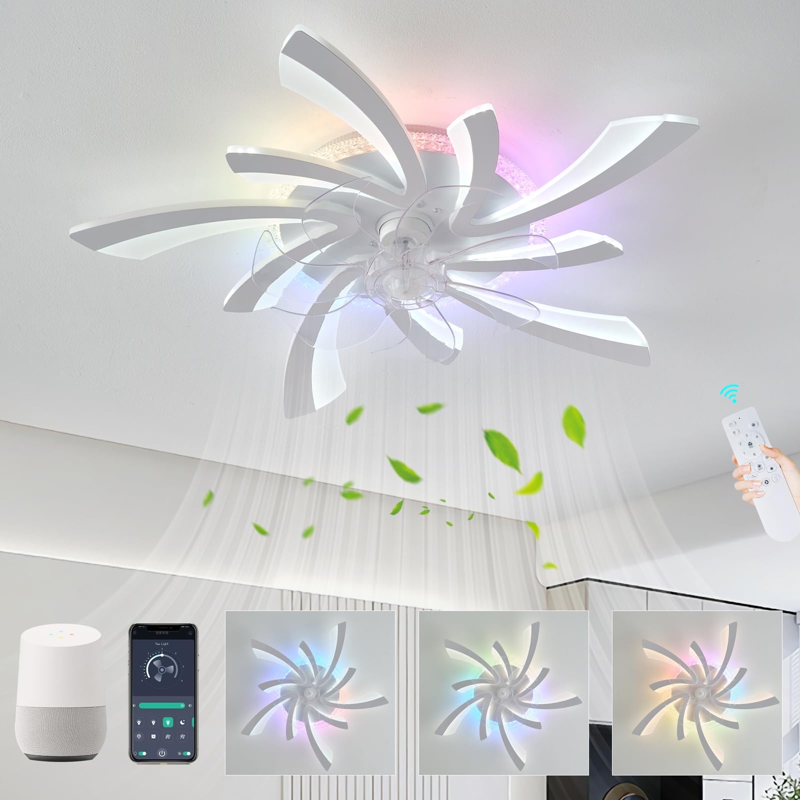 Ceiling Fan with RGB Light and Remote Control, Modern Silent LED Dimmable Reversible 6 Speeds Ceiling Fan with Light Compatible with Alexa, for Bedroom Living Room