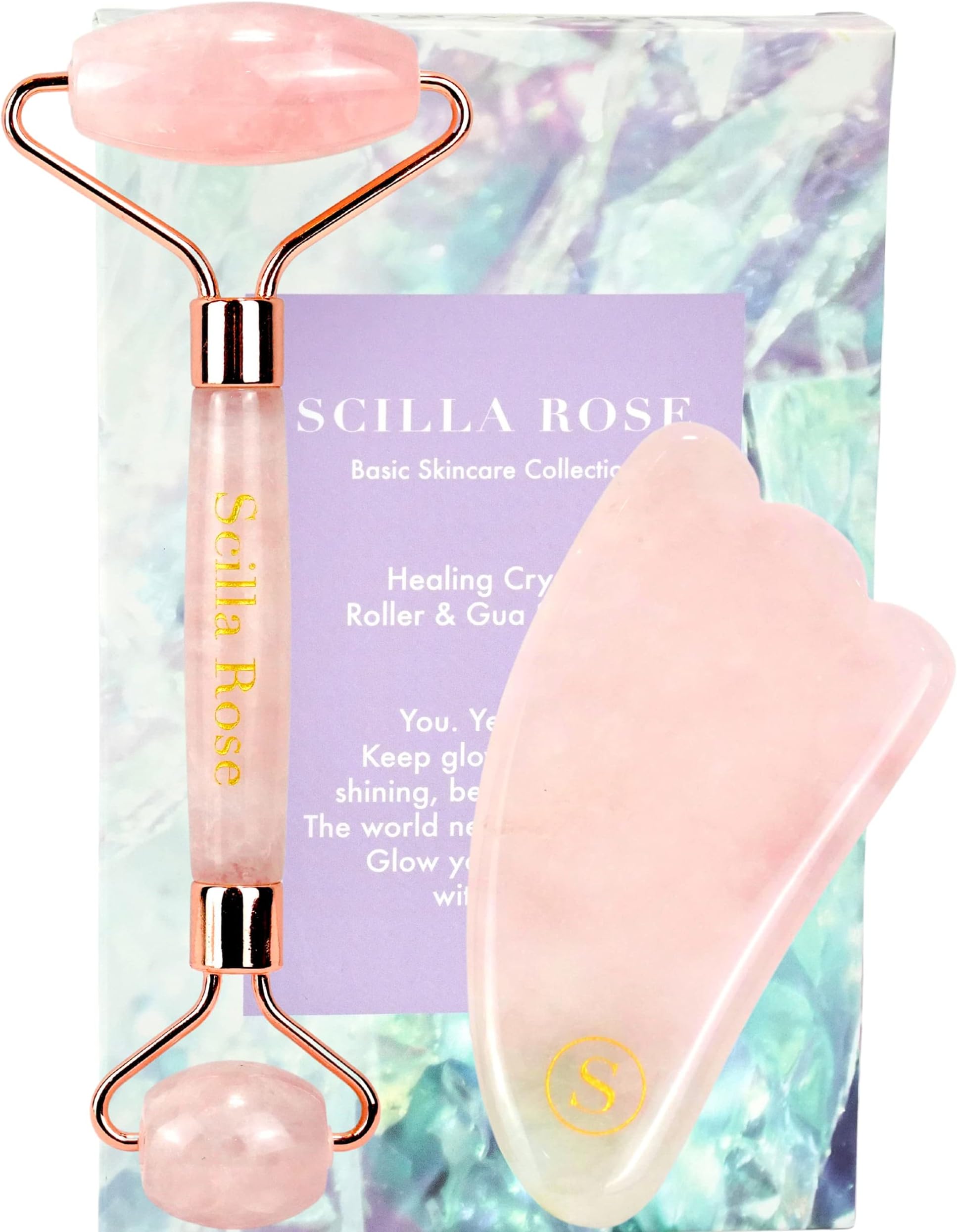 Scilla Rose Jade Roller Rose Quartz Roller and Gua Sha Gift Set- Pink Facial Roller and Guasha Stone, Face and Eye Massager- Natural, Anti-Ageing Facial Massage Skincare Tools- Pamper Gifts for Women