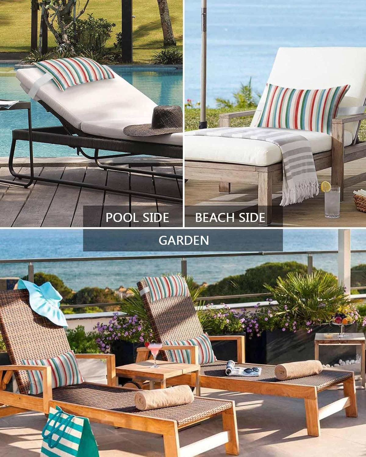 Lumbar Pillow Covers Set of 4, Red Green Blue Striped Waterproof Outdoor Chaise Lounge Pillow Covers with Elastic Strap, Modern Farmhouse Stripes Headrest Pillowcase for Patio Recliner, 12 x 20