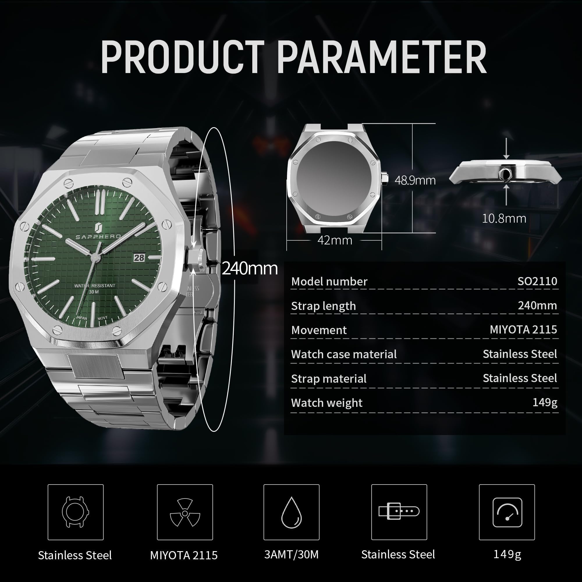 SAPPHERO Orologio Uomo Impermeabile 30M Al Quarzo Argento Cinturino Acciaio Inox Data Calendario Nero Blu Uomini Orologi Regali da Polso per gli Uomini