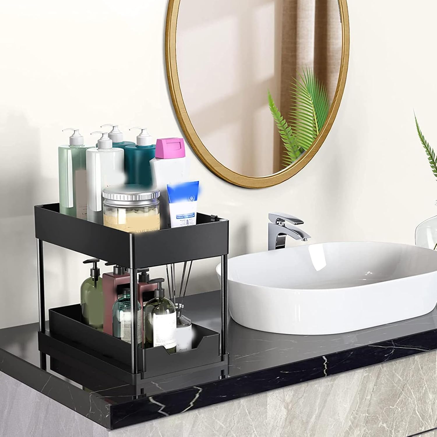 2pcs Under Counter Sliding Storage Rack Pull Out Cabinet Organizers 2 Tiers Slide Out Sink Shelf Cabinet Storage Shelves Space Saving Sink Shelf