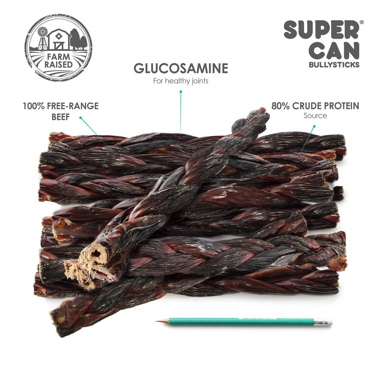 SUPERCAN BULLYSTICKS Beef Gullet Sticks (12" Braided Gullet: 4pc) - All Natural Dog Chews for Medium Large Dogs - Long Lasting Bullysticks - Dog Treats for Aggressive chewers