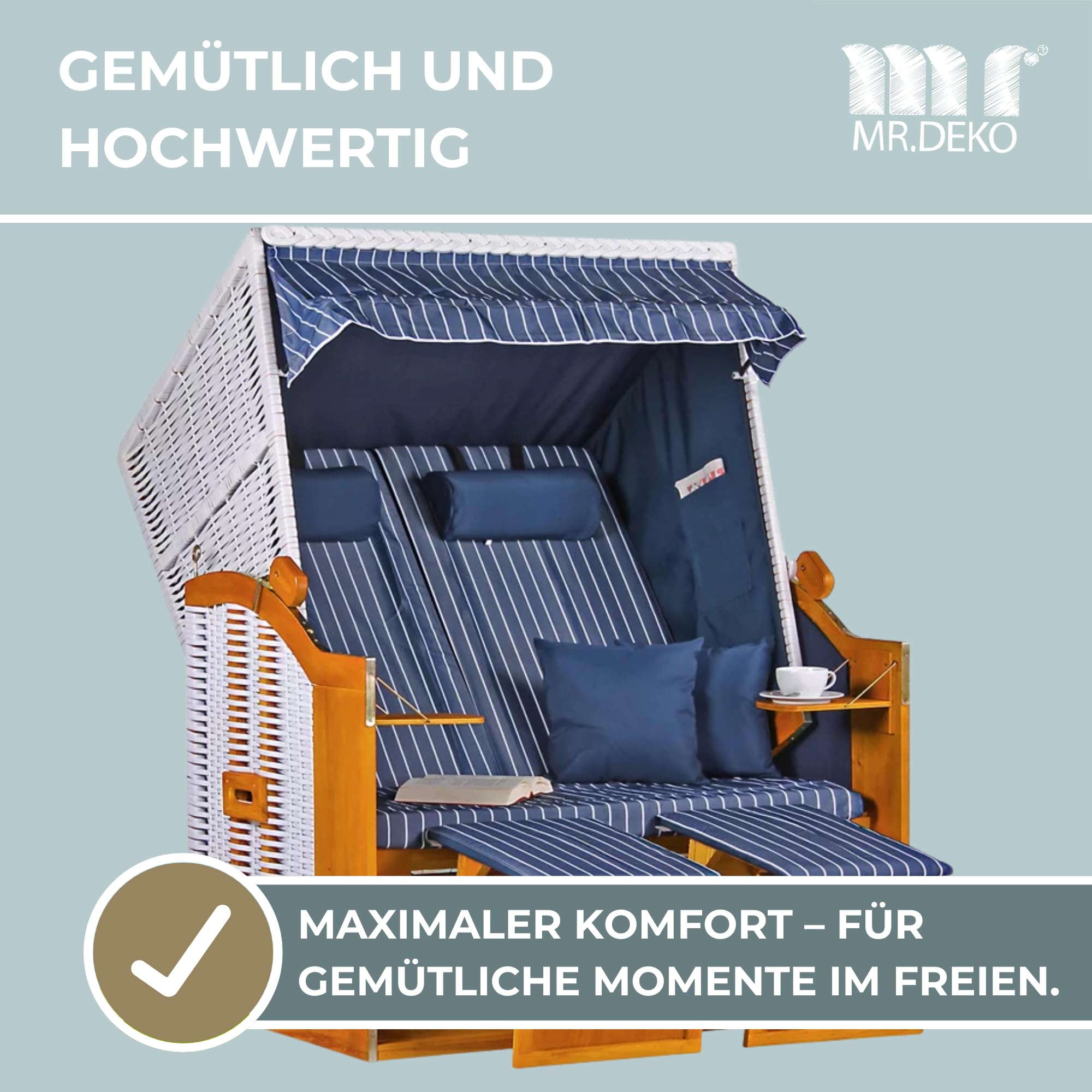 Mr. DEKO® Strandkorb Baltique rotin PE Blanc Bleu | qualité Premium | résistant Pluie Vent | Fauteuil-Cabine détente | mobilier de Jardin et Balcon extérieur, Coin Repos Chic