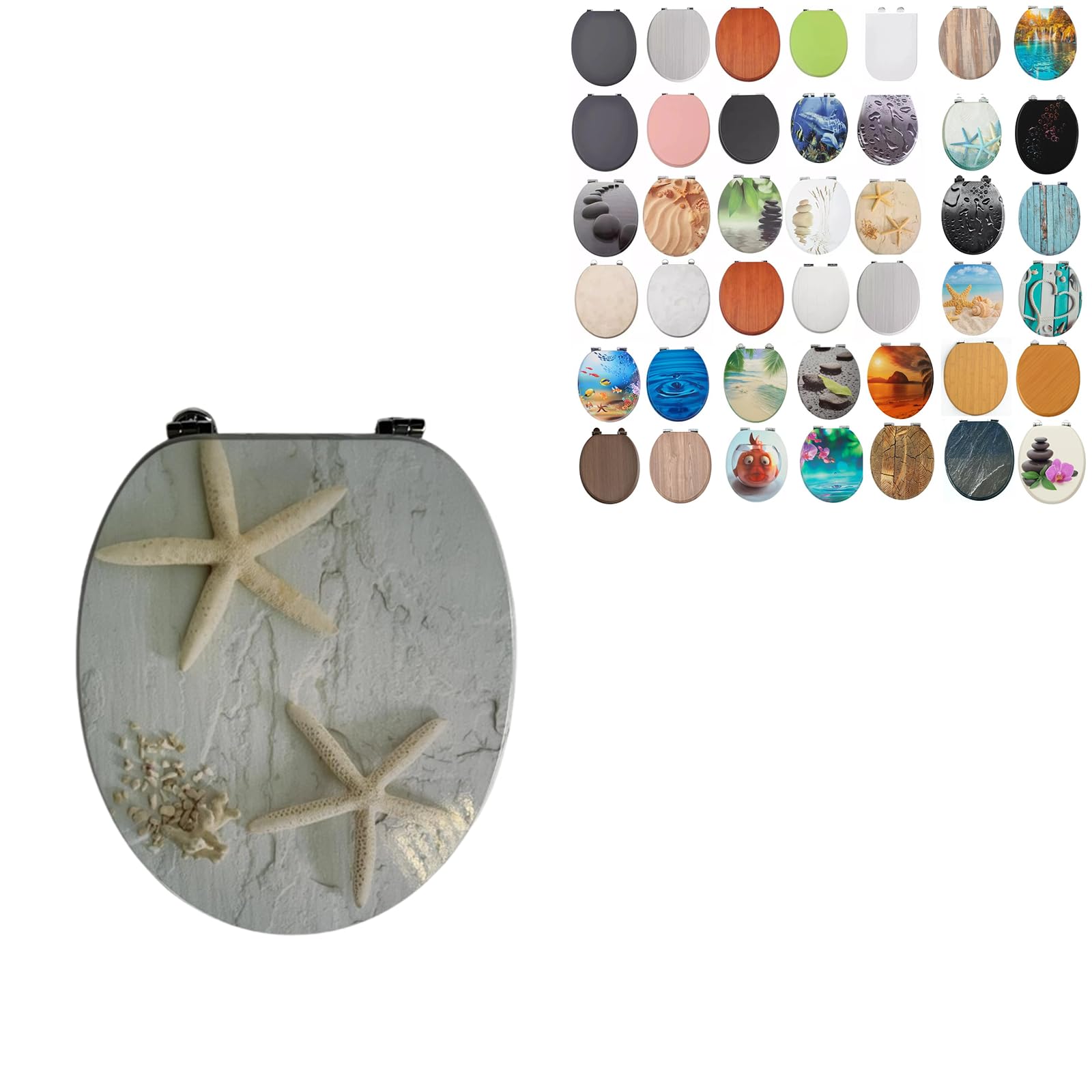 Burakh Starfish Pebbles Novelty. 18" Mdf Toilet Seat Universal Adjustable Fit Most Toilets Oval Seat┃Bathroom Standard Wooden Mdf Toilet Seat | Wc Seat +Fittings (Starfish Pebbles Novelty.)