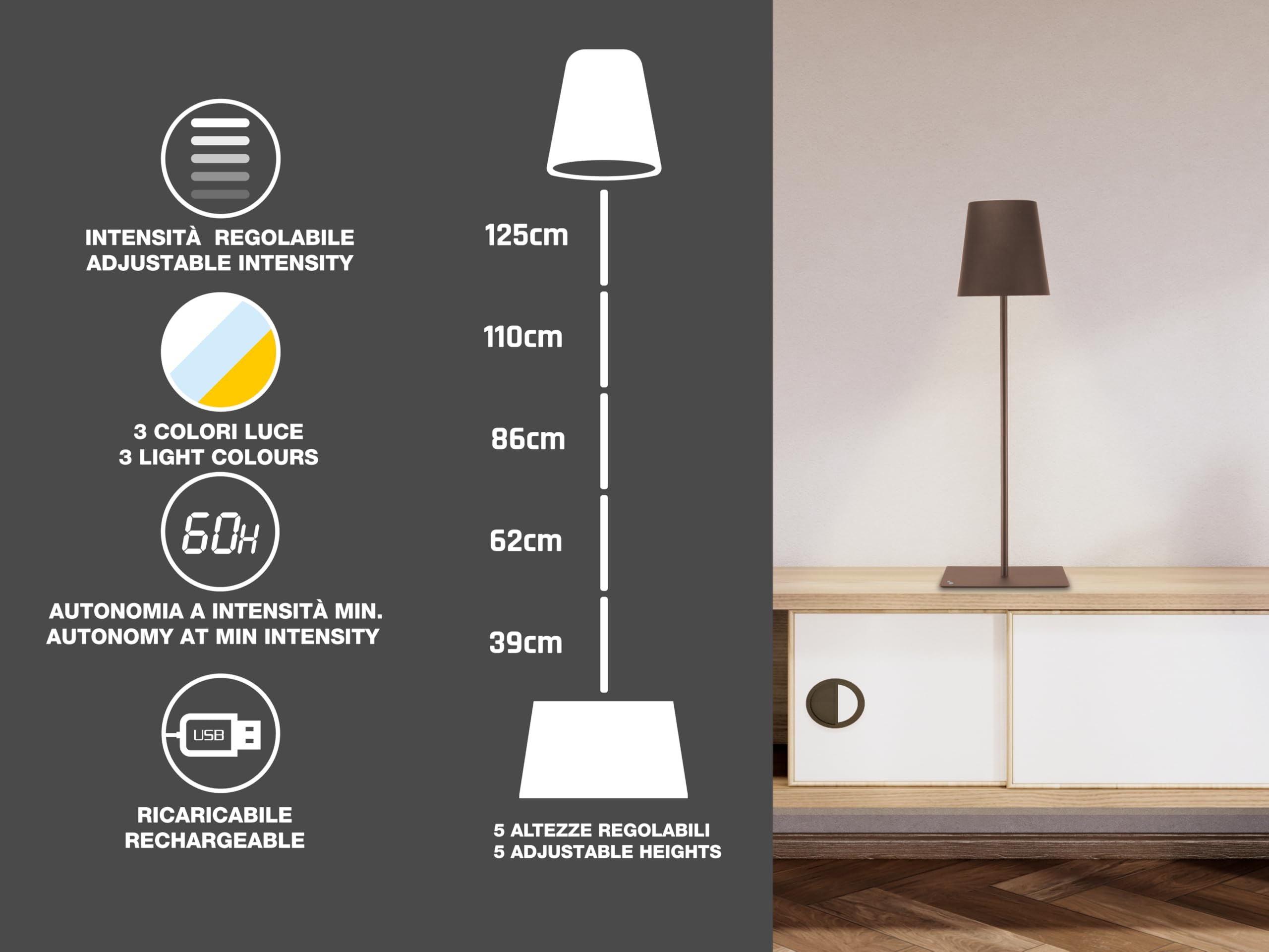 BEPER P201UTP405 XL Lampa Podłogowa z Regulacją Wysokości, Lampa Biurkowa 2.5W, Kabel USB Typu C do Ładowania, 3 Klosze, Corten