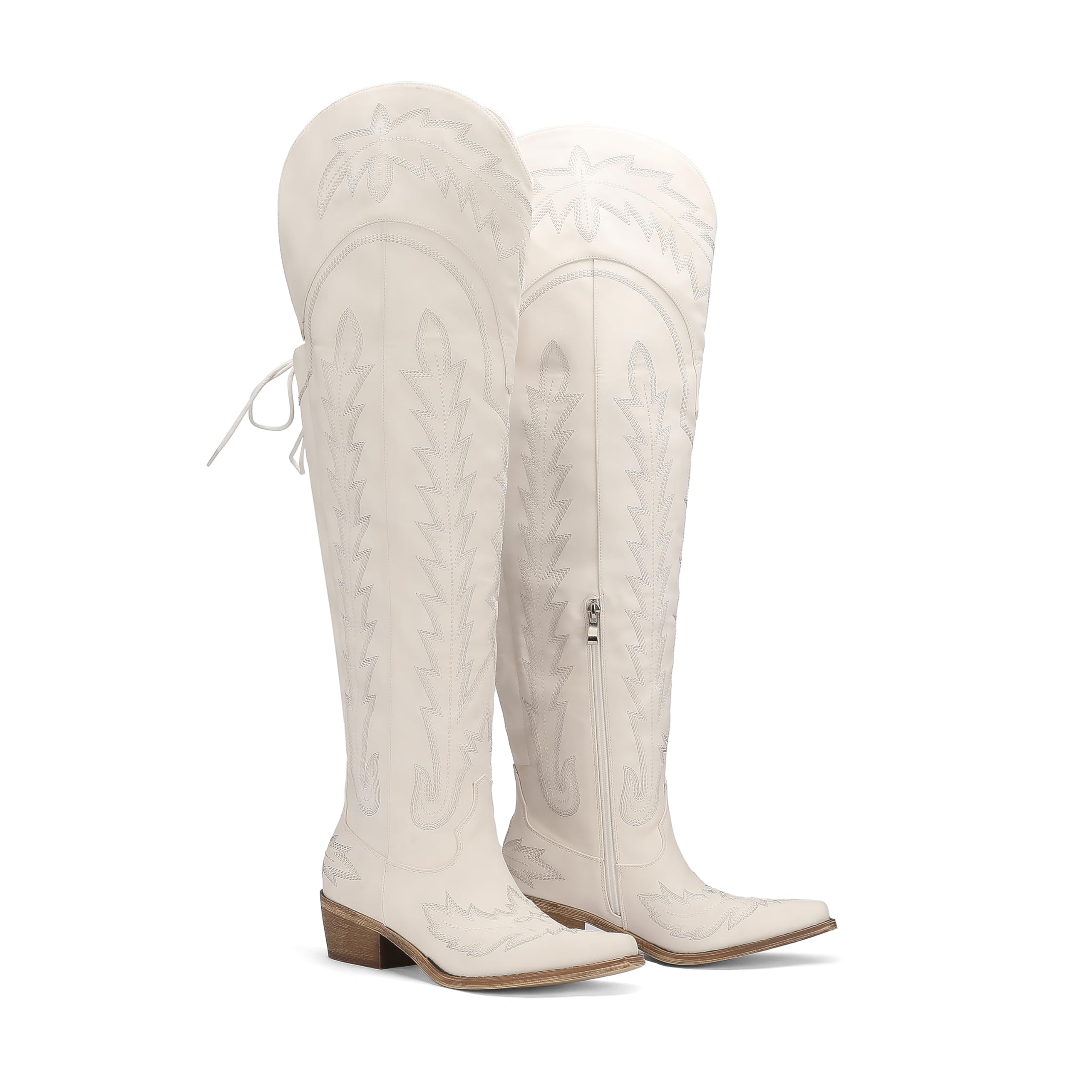 Thigh High Cowboy Boots with Lace Up Wide Calf Over The Knee Cowgirl Boot for Women Embroidered Western