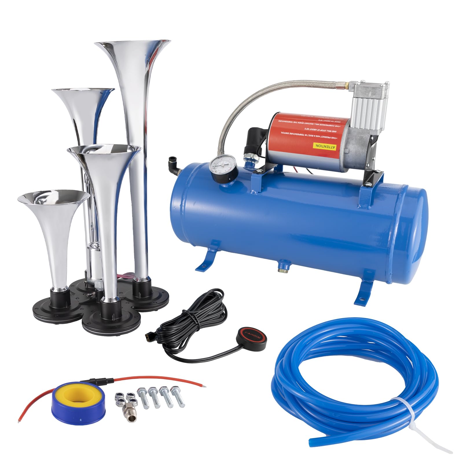 Photo 1 of FARBIN Train Horn for Truck 150DB Super Loud Air Horns 4 Trumpet Horns Kit with. 150 PSI 12V Air Compressor 3 Gal Air Tank for Truck Car Jeep SUV Train Boat ?1.6 gal 12v air horn kit?