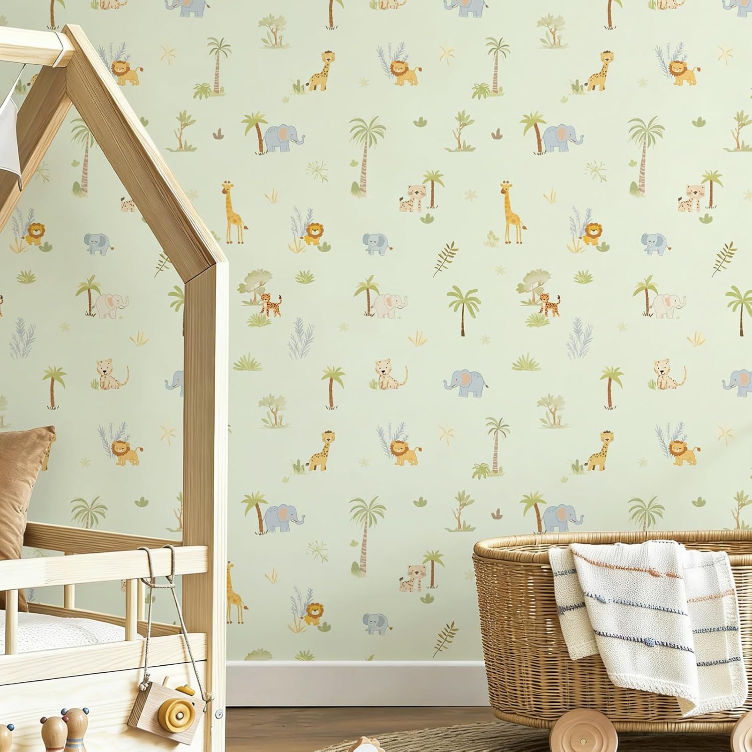 Safari Animals Peel and Stick Wallpaper, Green Nursery Wallpaper Jungle Forest Kids Wall Paper Removable Self Adhesive Contact Paper 17.3" 78.7" for Nursery Bedroom Playroom