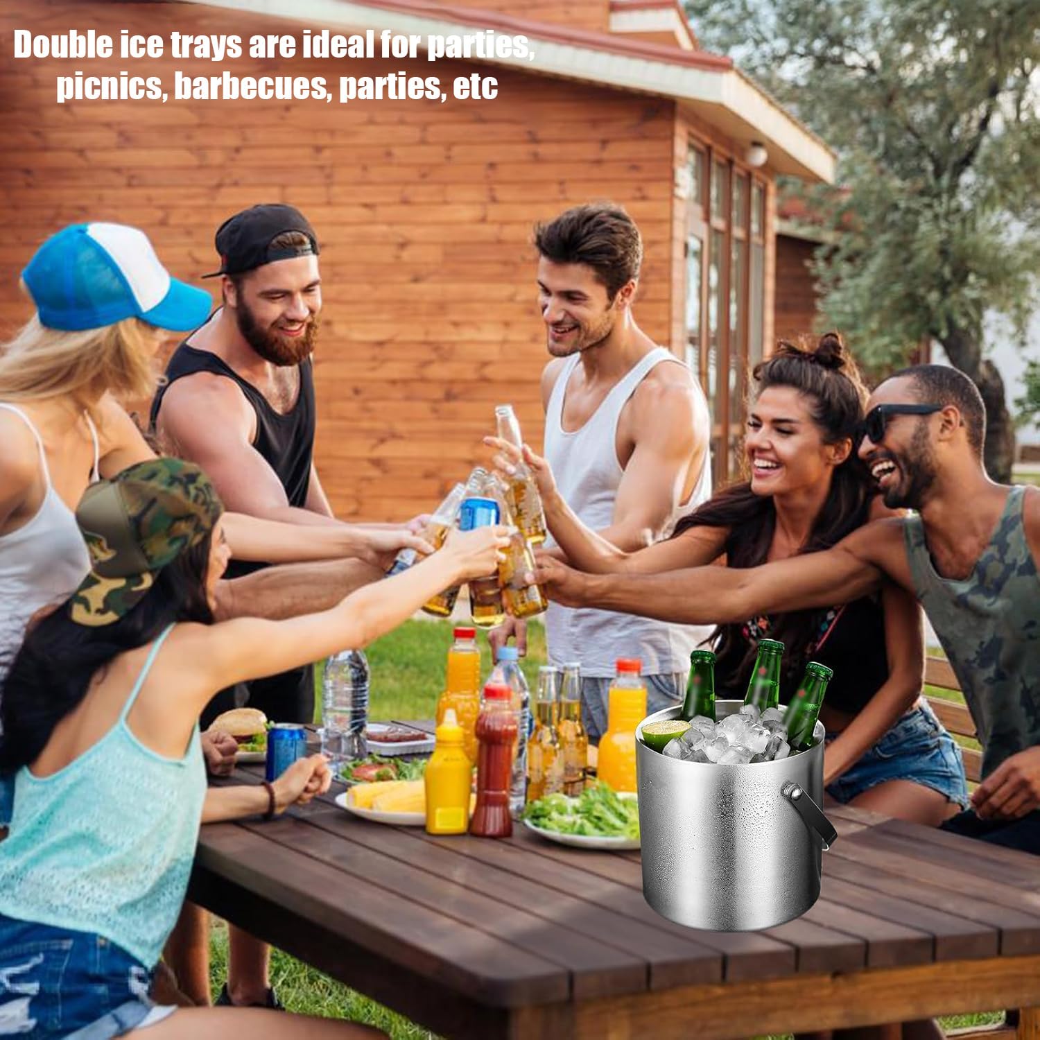 Ice Cube Tray, pojemnik na kostki lodu, 2 l, ze stali nierdzewnej, z sitkiem i szczypcami do lodu, do przechowywania lodu i chłodzenia napojów, kolor srebrny