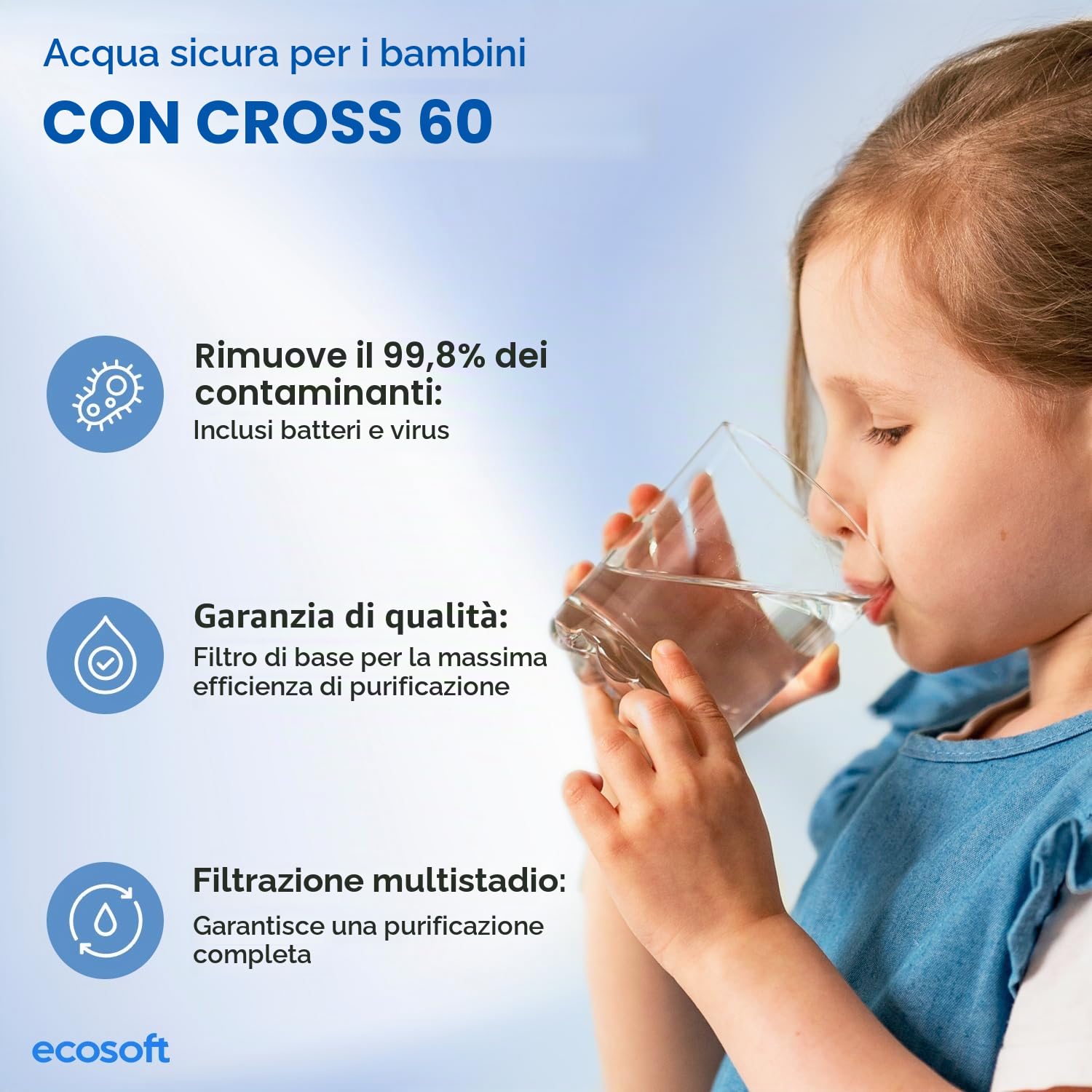 Ecosoft CROSS 60 - Filtro ad osmosi inversa, flusso diretto da 1 l/min, tecnologia ecologica a risparmio d'acqua, display intelligente, sostituzione delle cartucce fai da te