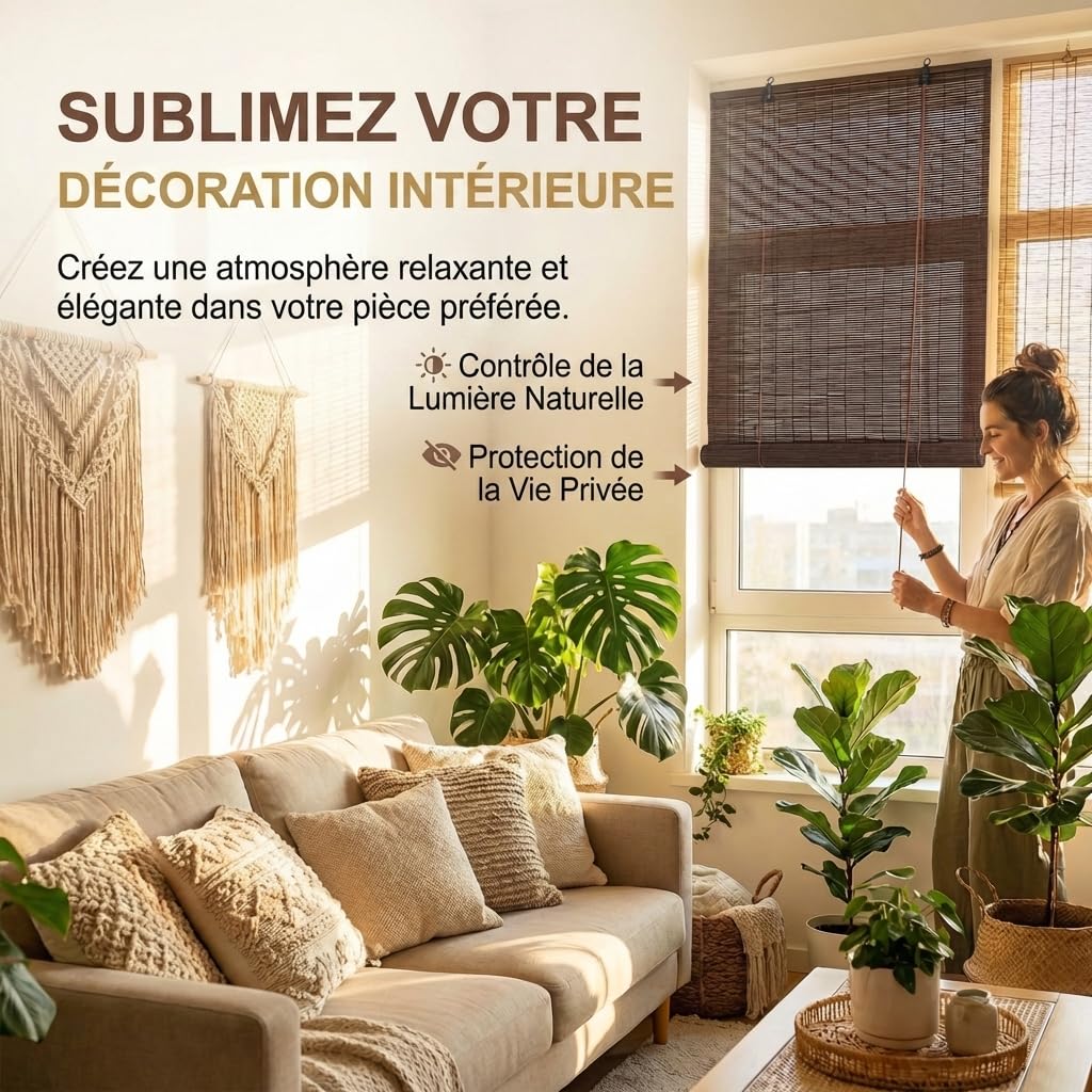 Store Bambou Intérieur, Store Bambou Extérieur, Modèle Enrouleur | Store bambou extérieur pour balcon ou terrasse couverte, enrouleur réglable par cordon avec protection de la vie privée